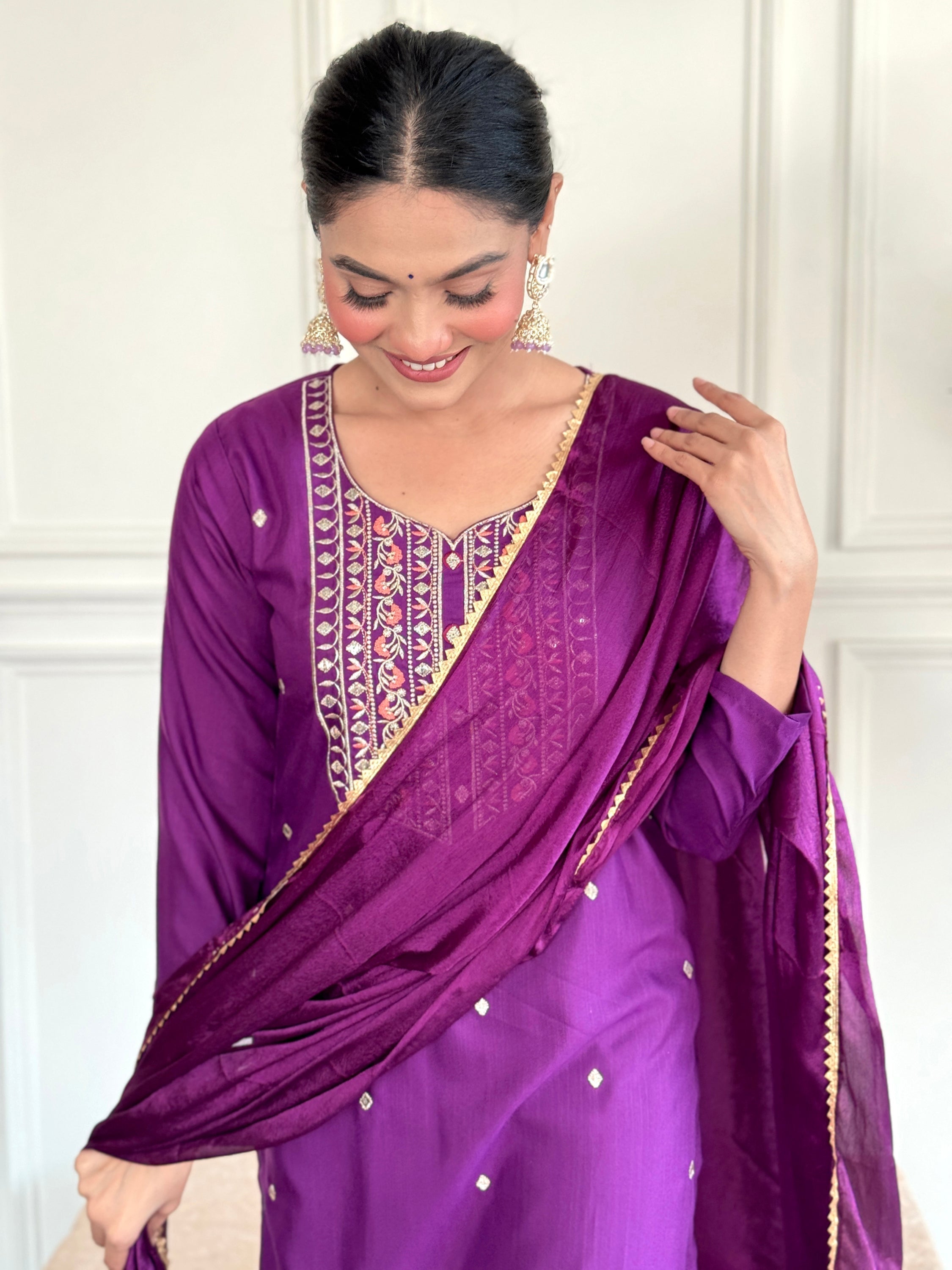 Glamorous Purple Embroidered Rayon Readymade Pant Suit for Women with intricate floral designs