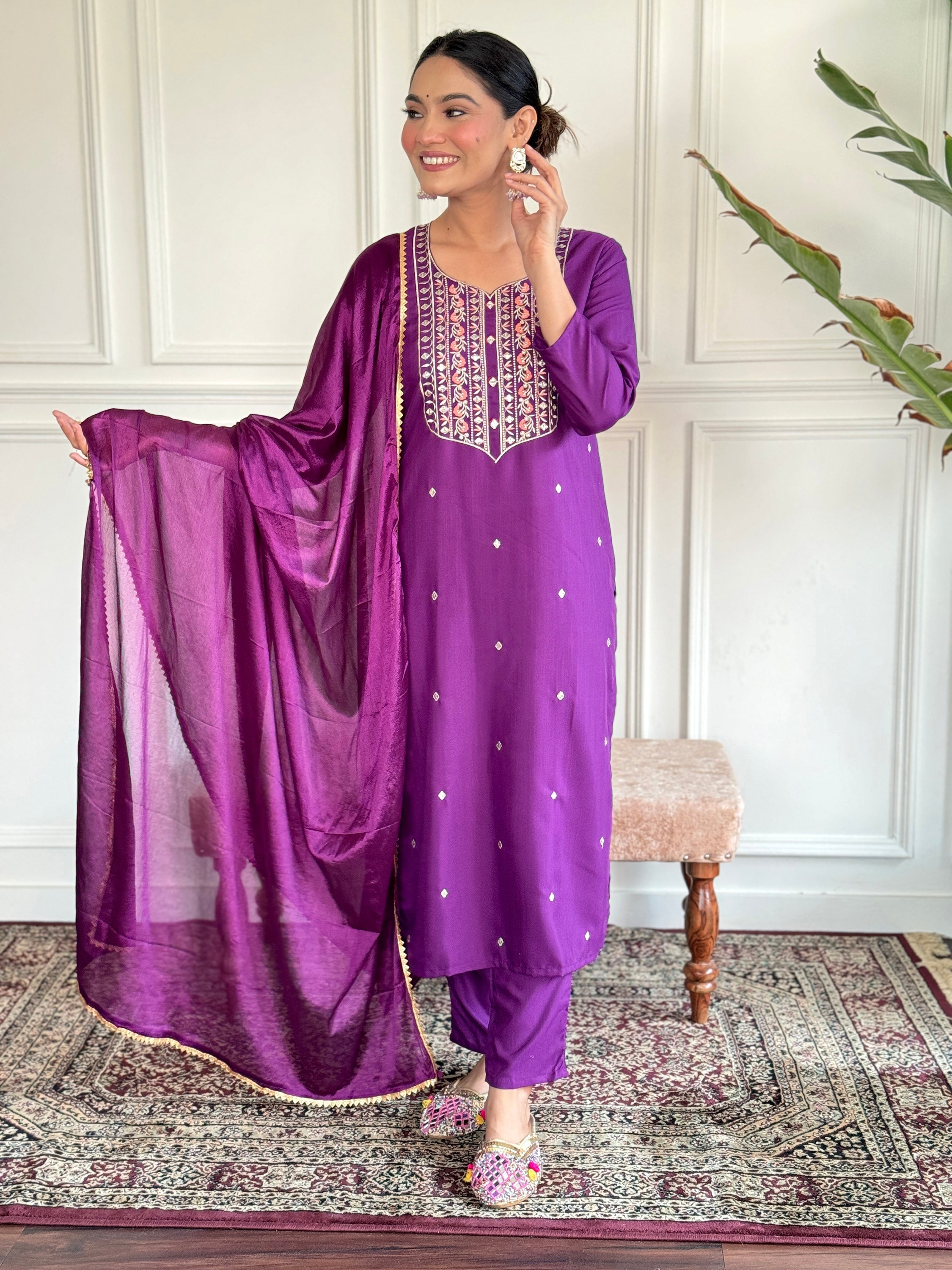 Glamorous purple embroidered rayon readymade pant suit for women's fashion