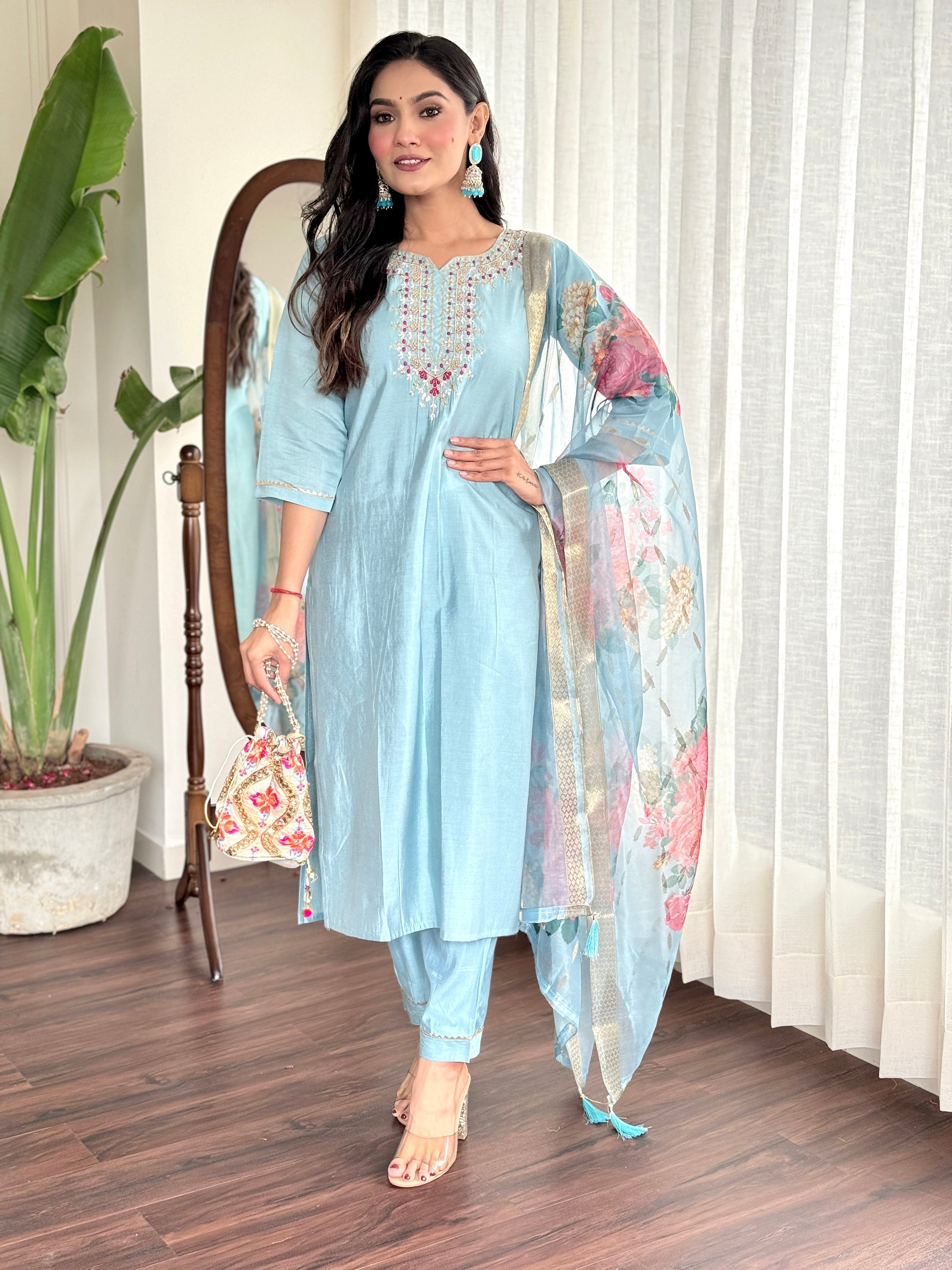 Magnetic Sky Blue Embroidered Chanderi Silk Festival Wear Pant Suit with intricate embroidered and sequin work