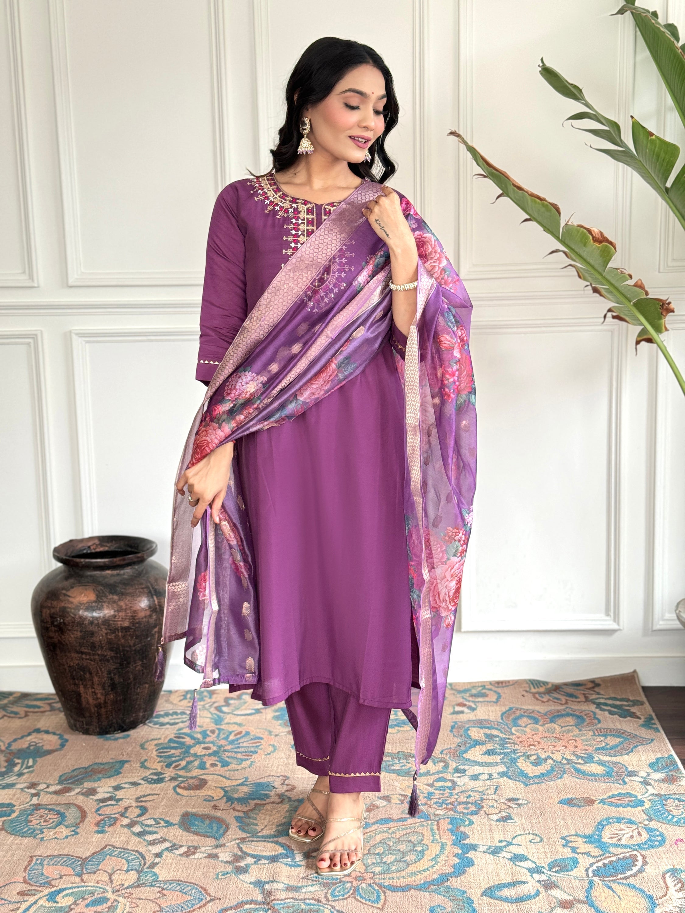 Intricately embroidered purple Chanderi silk suit with matching pants