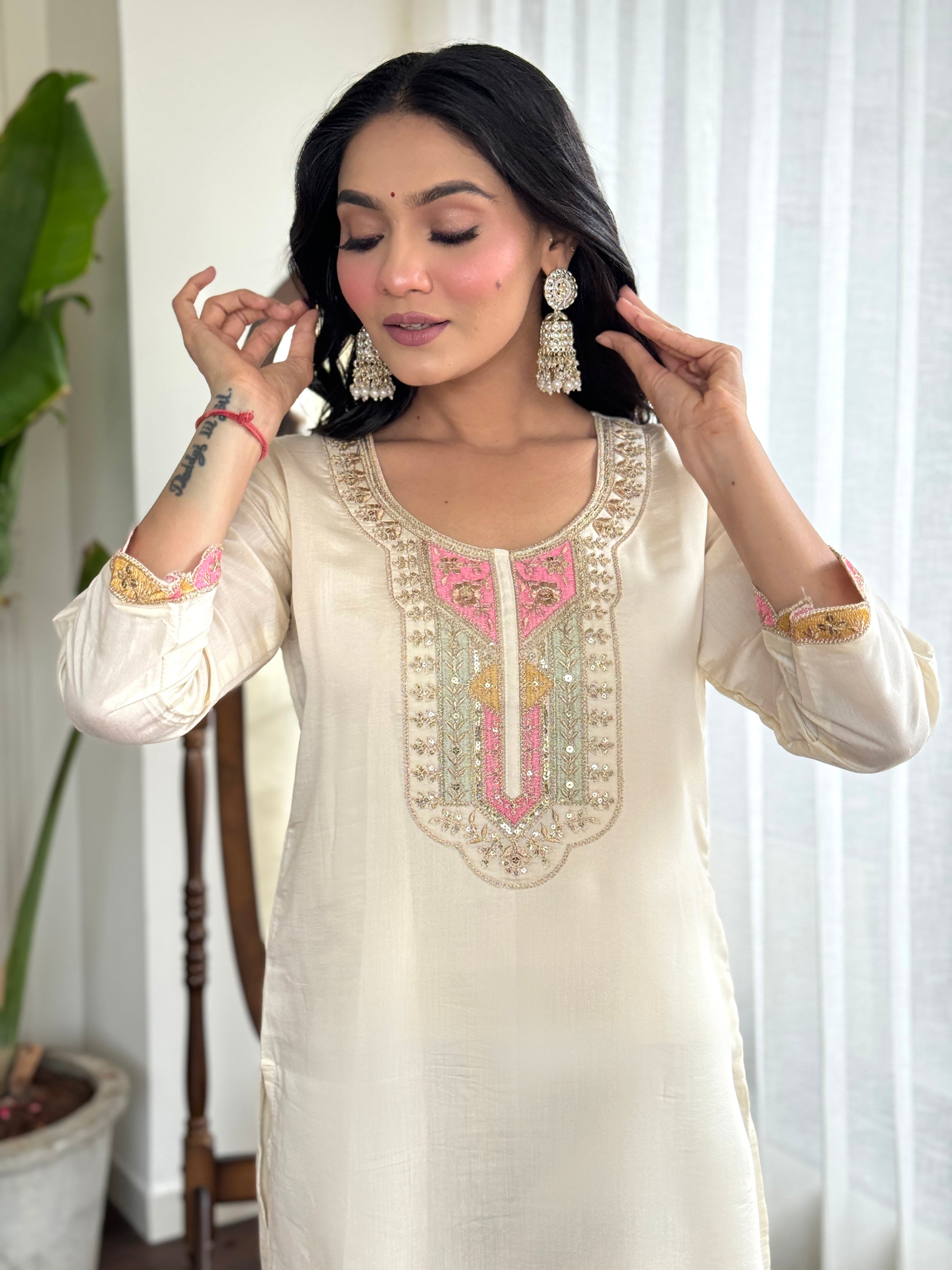 Amazing Cream Embroidered Chanderi Silk Traditional Pant Suit for Women