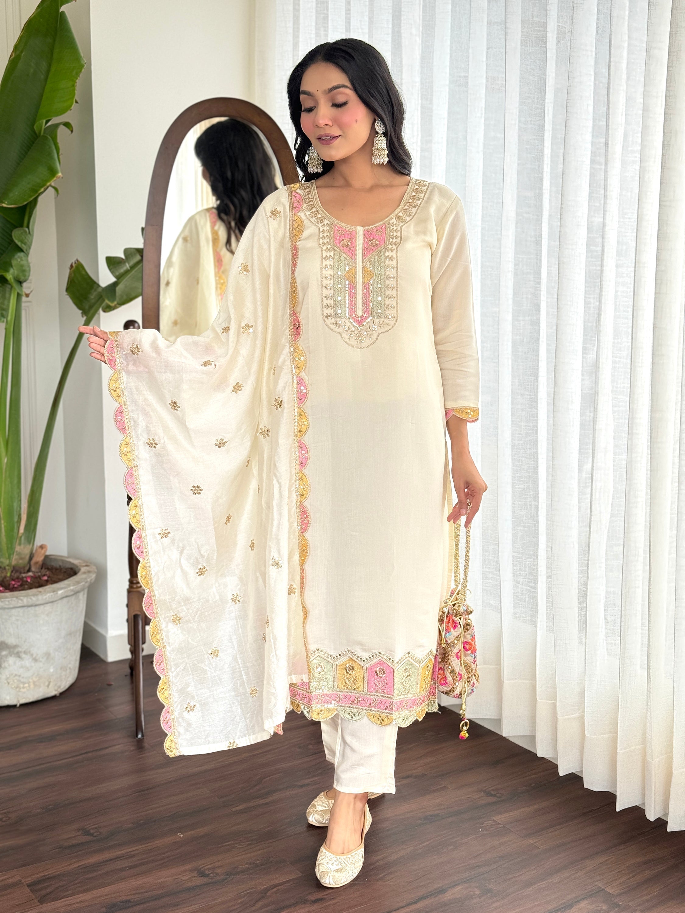 Amazing Cream Embroidered Chanderi Silk Traditional Pant Suit with intricate floral embroidery