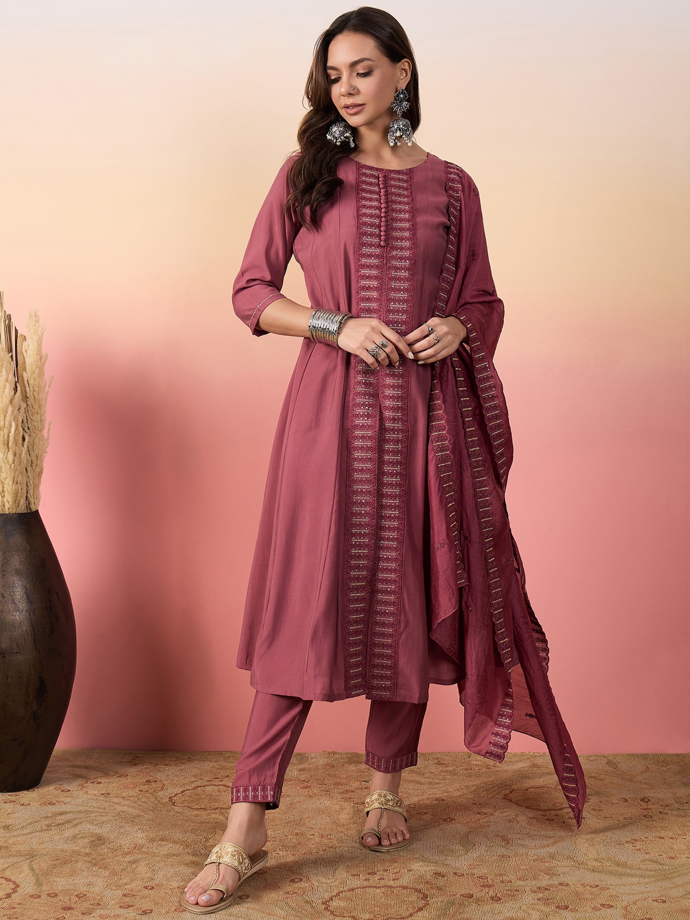 Embroidered pink silk festival wear pant suit with dupatta
