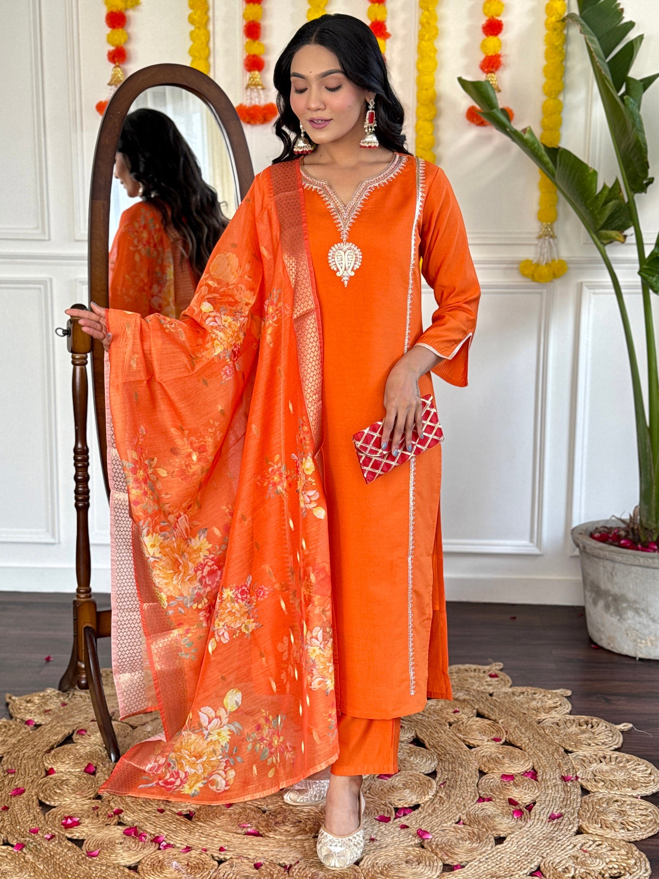 Marvelous Orange Printed Viscose Traditional Pant Suit With Dupatta