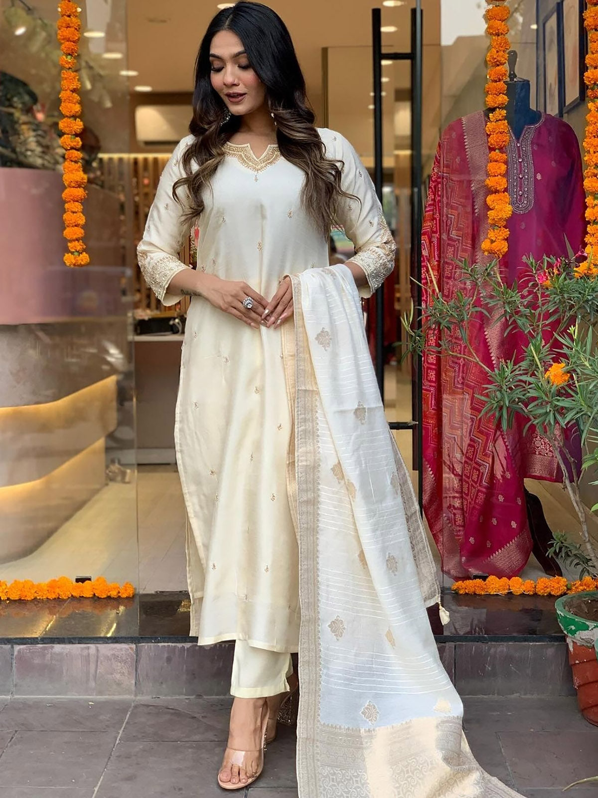 Off-White festival wear pant suit with intricate embroidery and viscose fabric