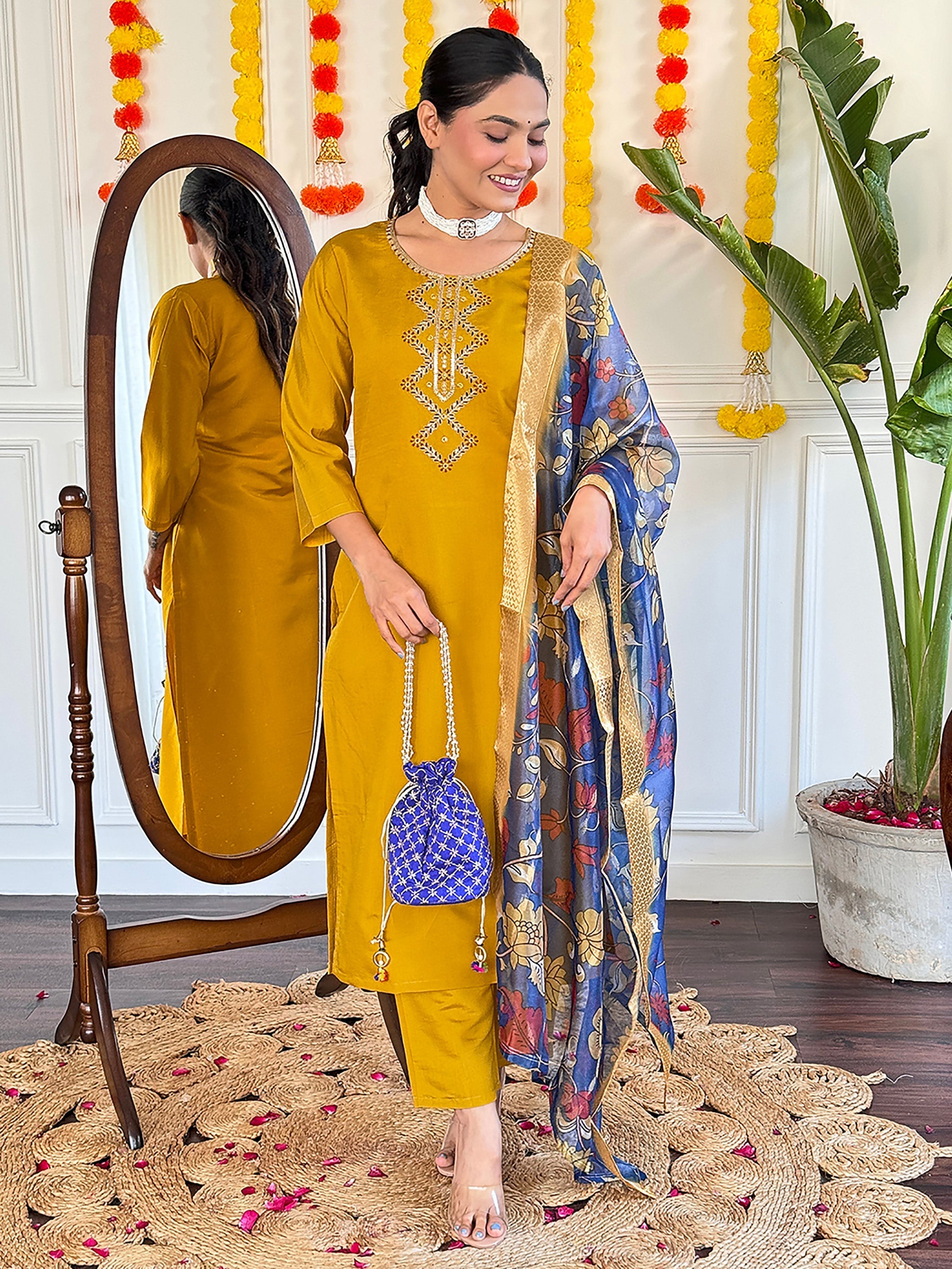 Dazzling Mustard Yellow Embroidered Viscose Haldi Wear Pant Suit for Women