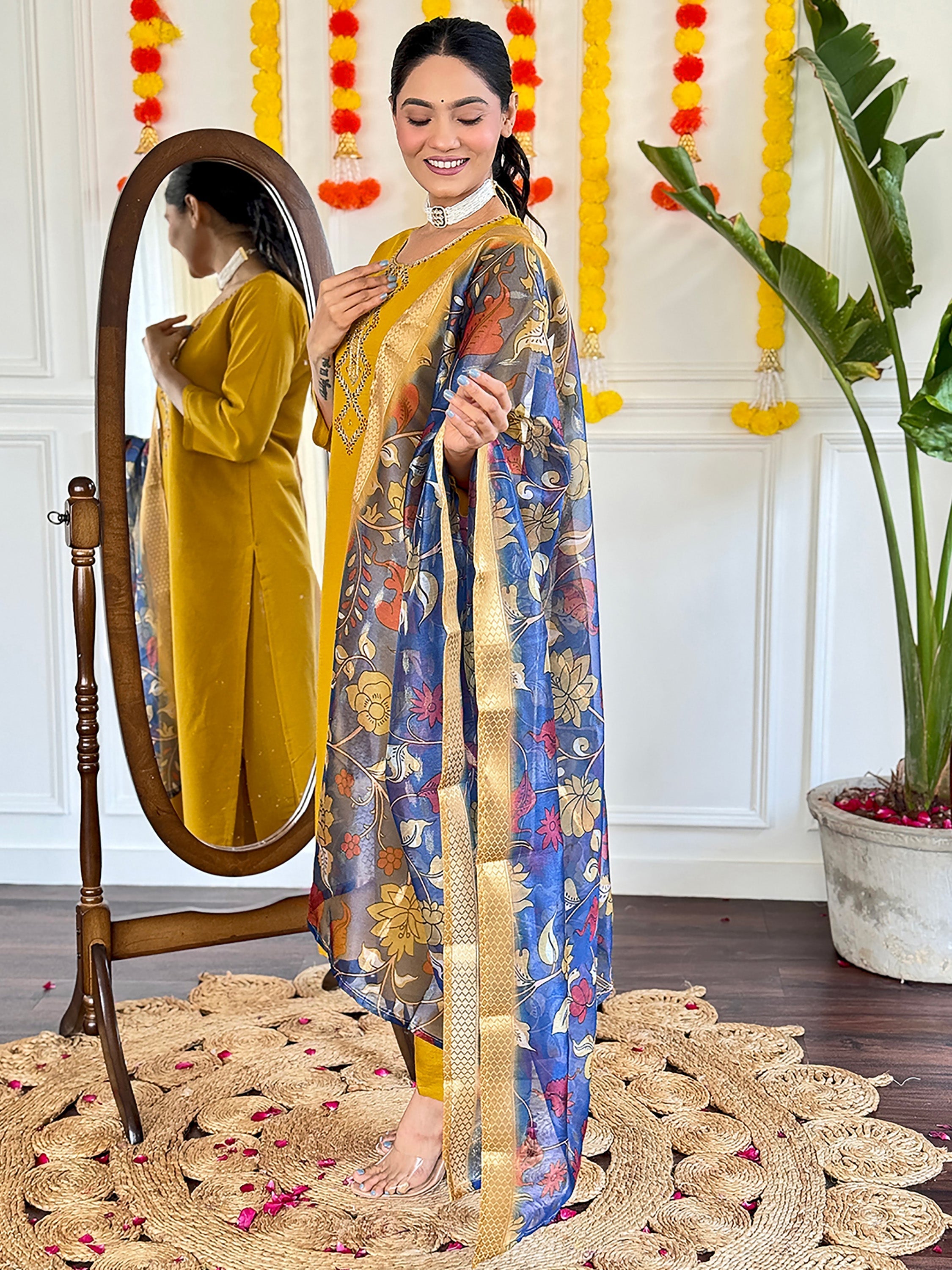 Dazzling mustard yellow embroidered viscose haldi wear pant suit for women