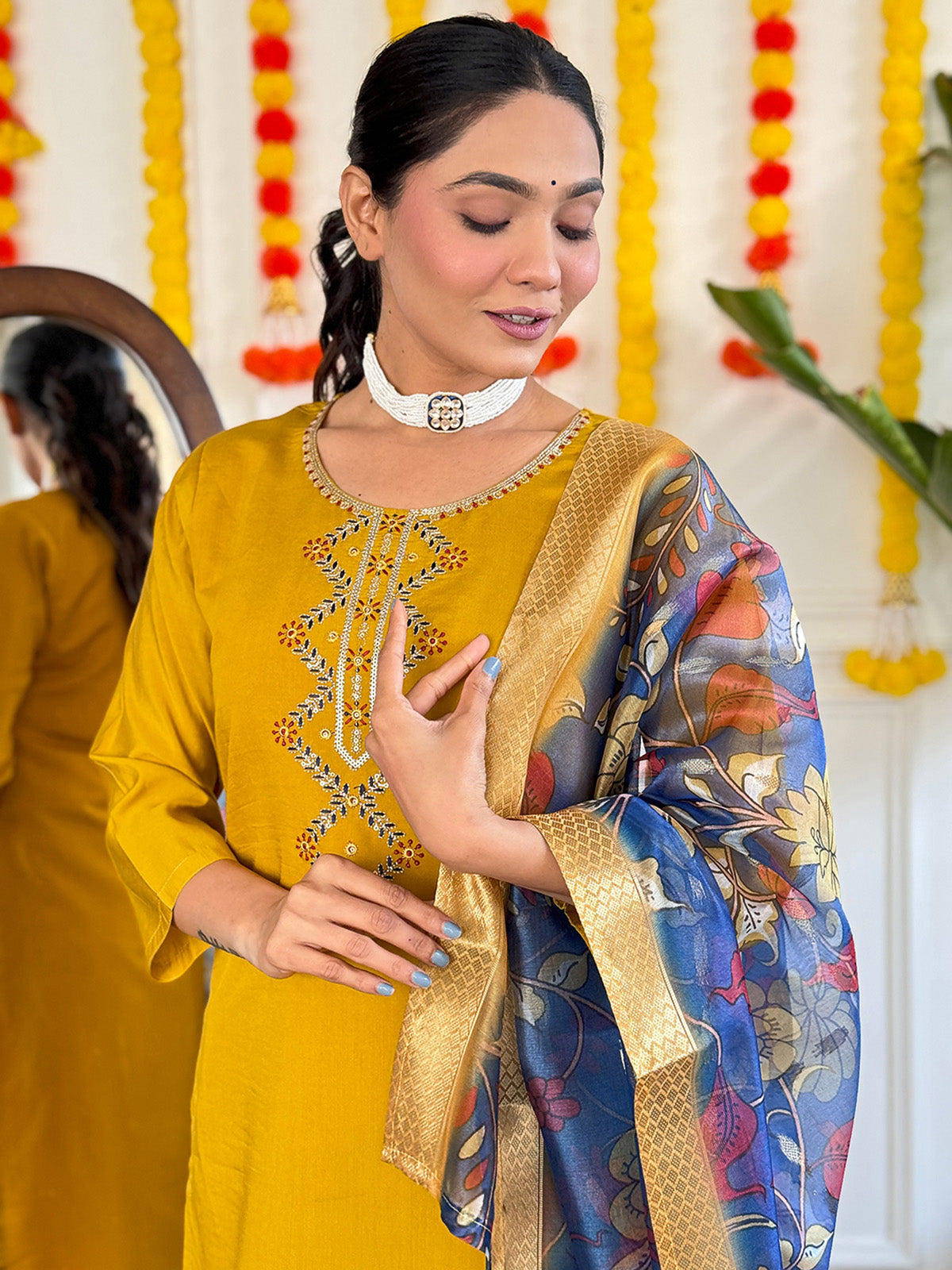 Beautiful Dazzling Mustard Yellow Embroidered Viscose Haldi Wear Pant Suit