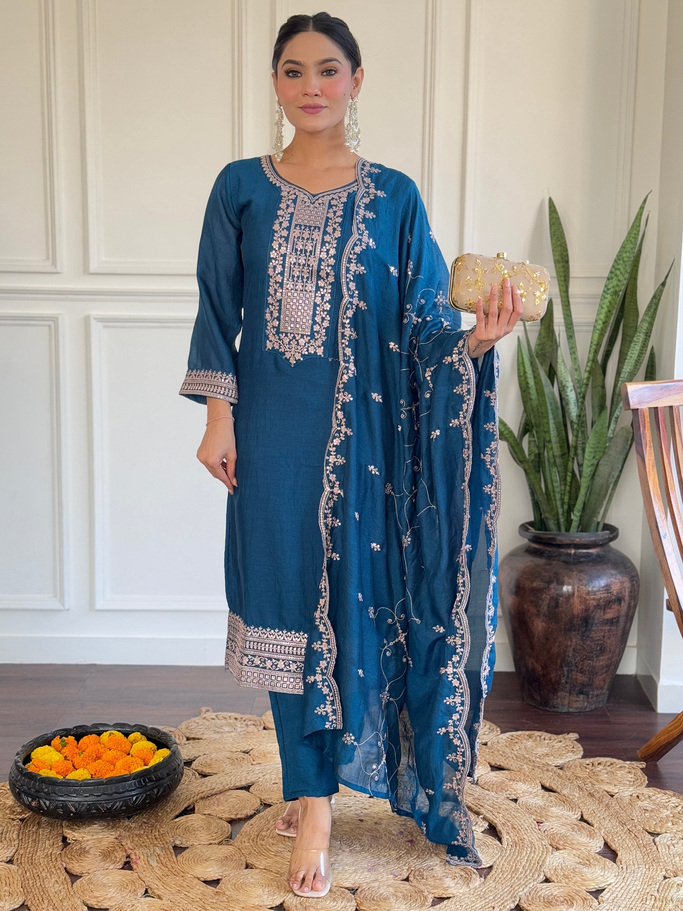 Blue Vichitra silk suit with zari and thread embroidery, sequin work