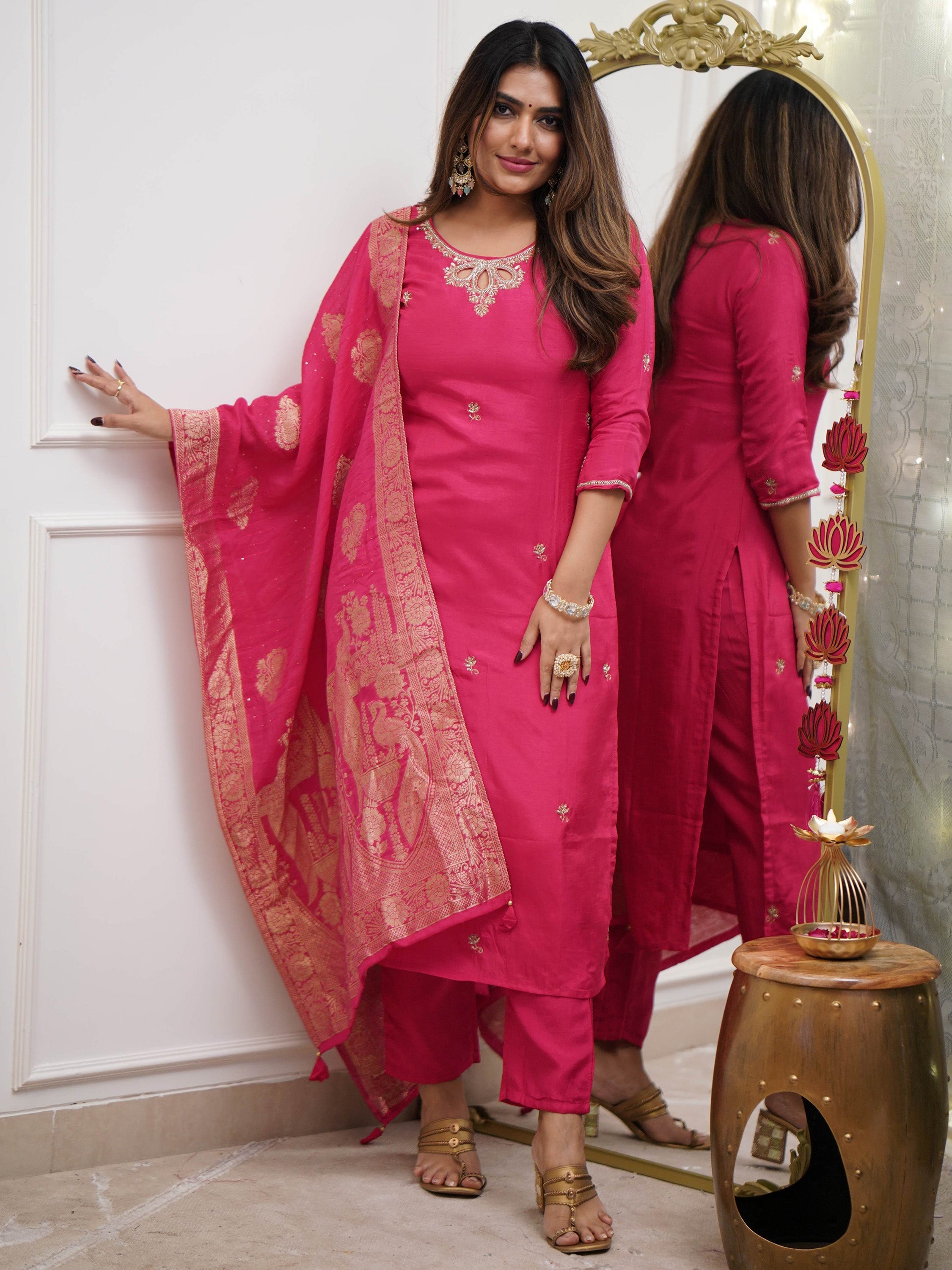 Luxurious jacquard silk dupatta with exquisite zari weaving and stone work