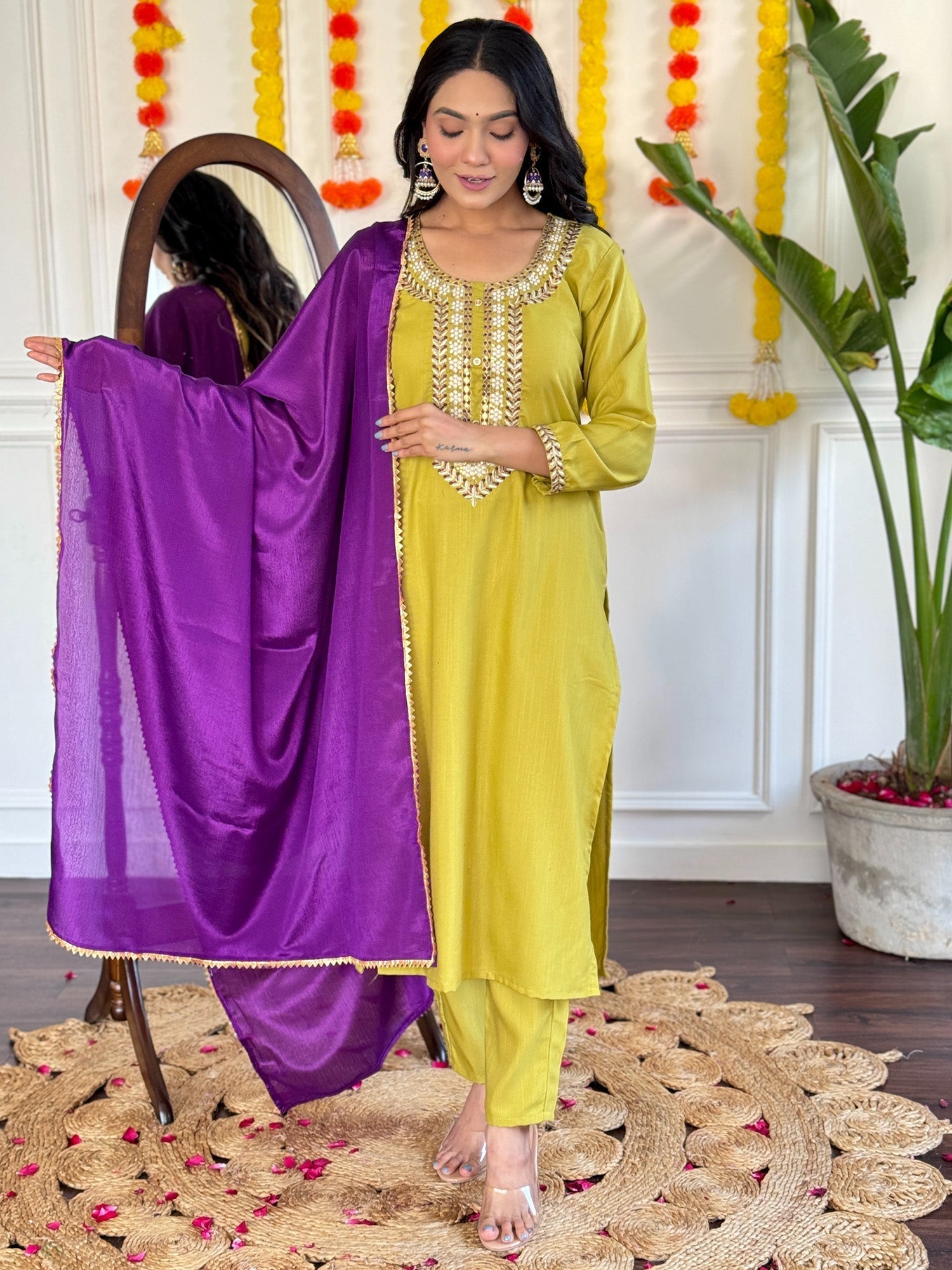 Accessorize This Lemon Yellow Thread Embroidered Pant Suit for a Showstopping Look