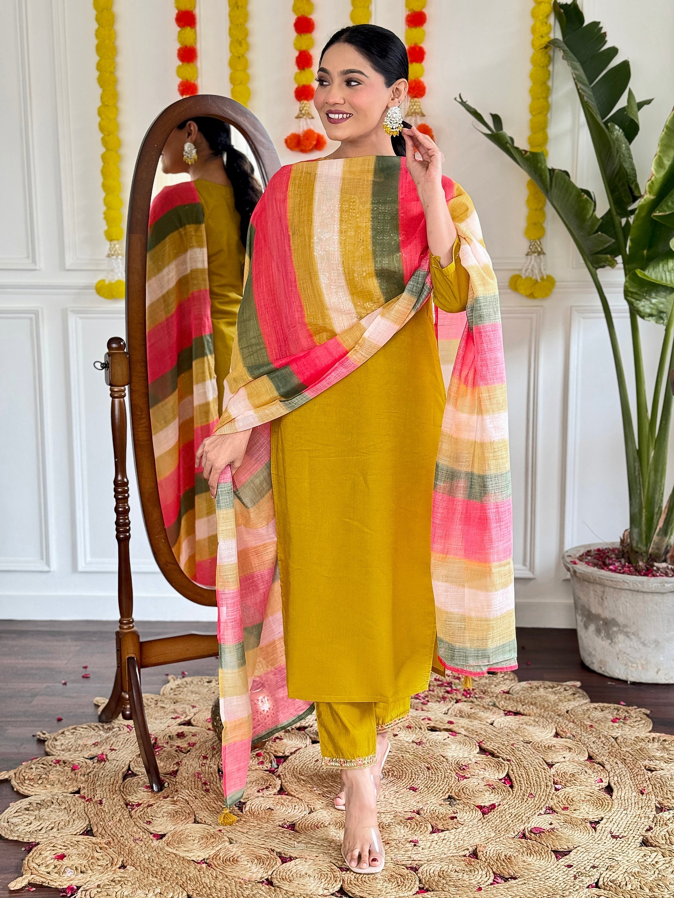 Mustard yellow sequins festival wear pant suit made of viscose fabric