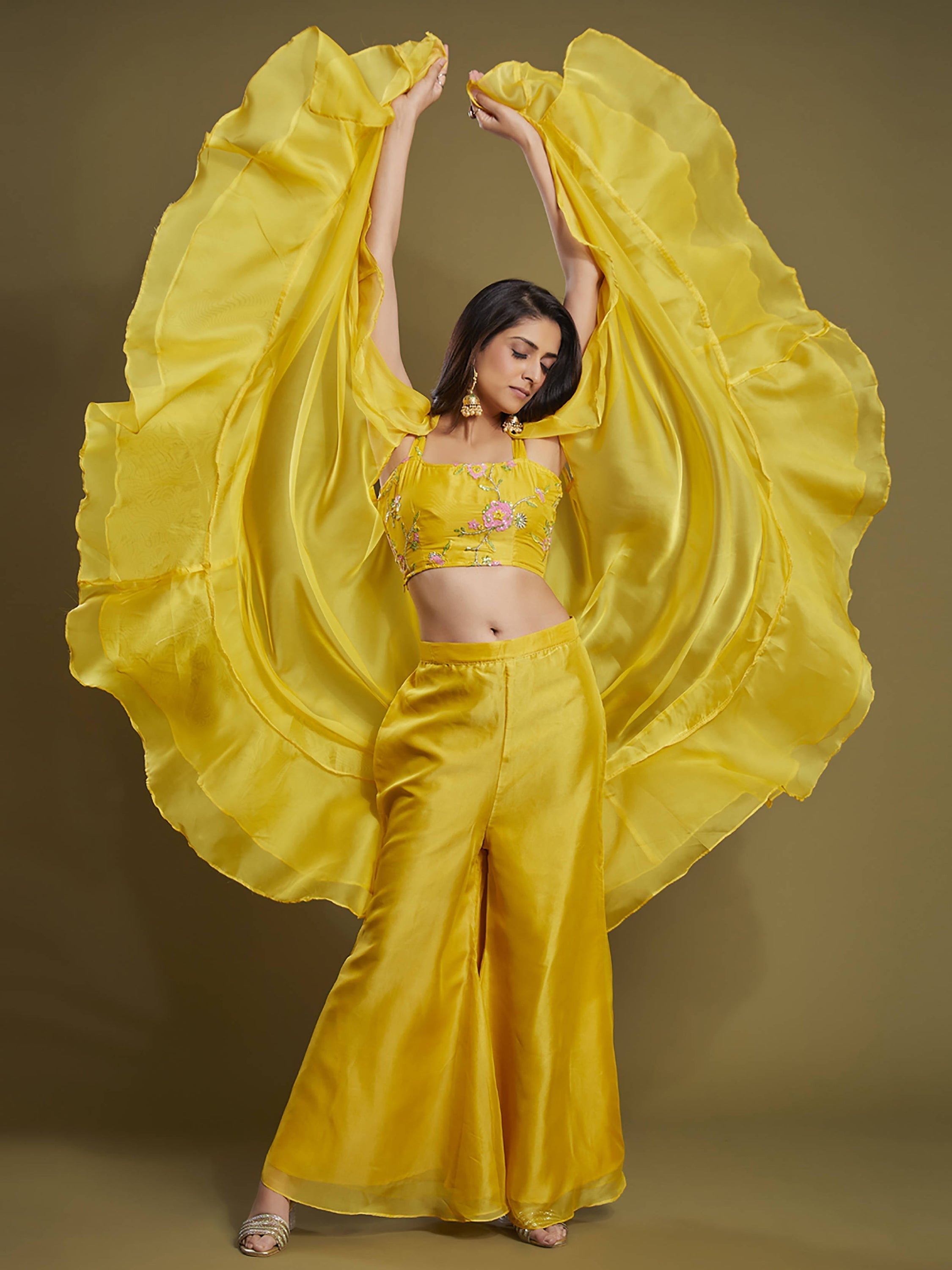 Beautiful yellow sequins organza palazzo jacket with blouse for women