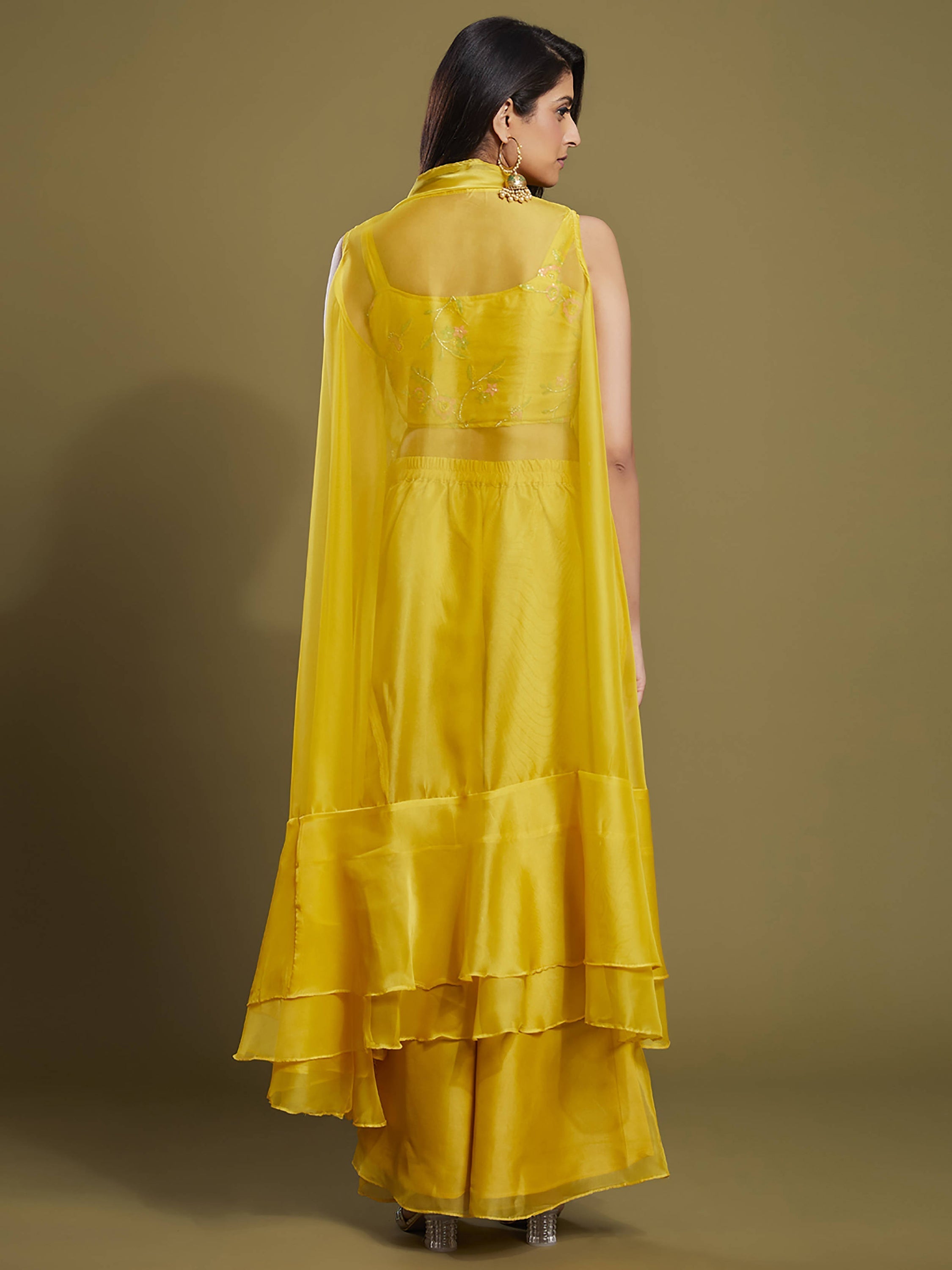 Beautiful yellow sequins organza palazzo jacket with blouse for women