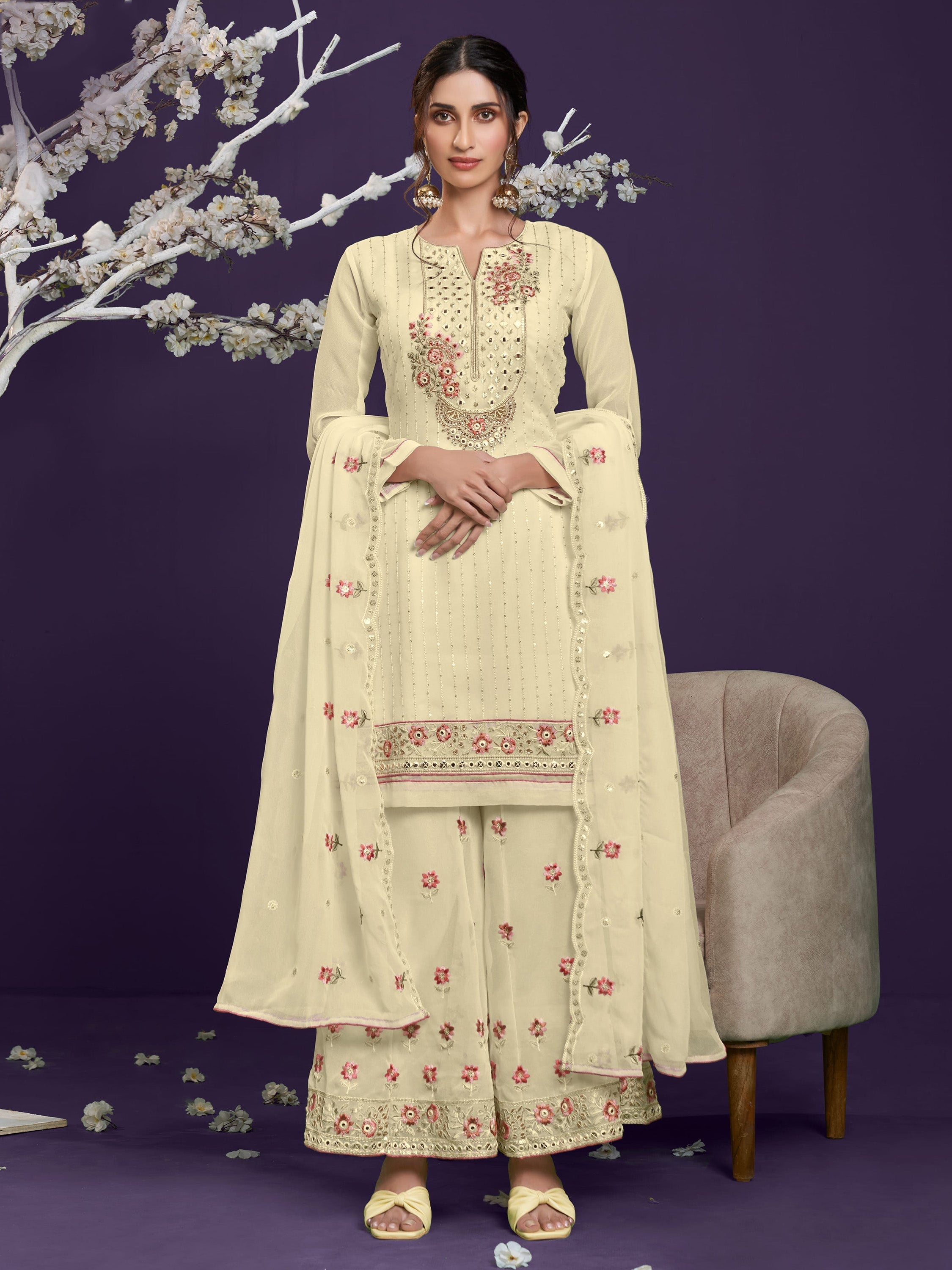 Gorgeous yellow sequins work georgette party wear sharara suit with beautiful embroidery