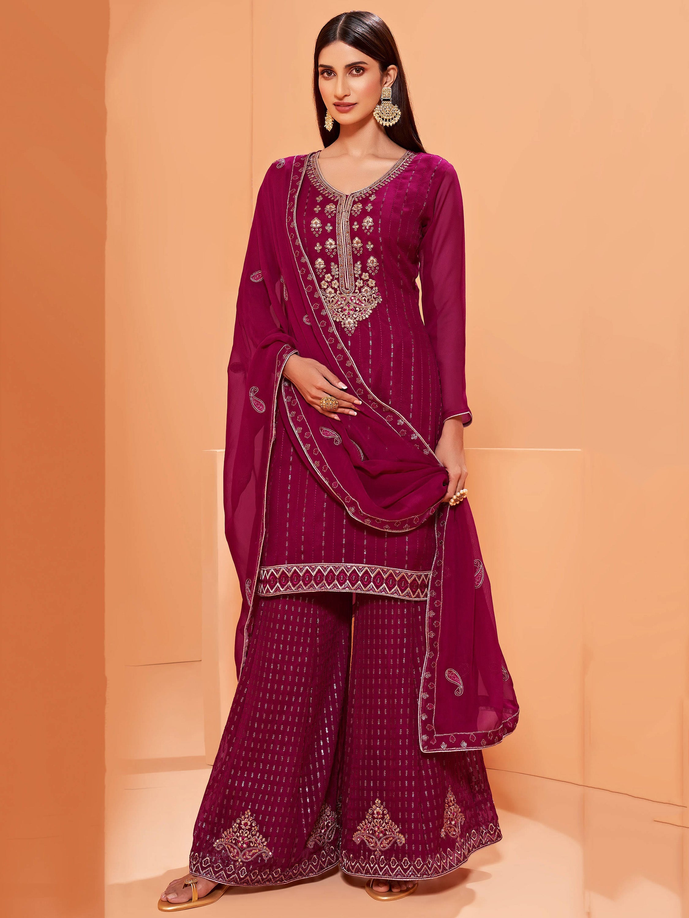 Alluring Magenta Sequins Work Georgette Festival Wear Sharara Suit with intricate embroidery and flowing silhouette