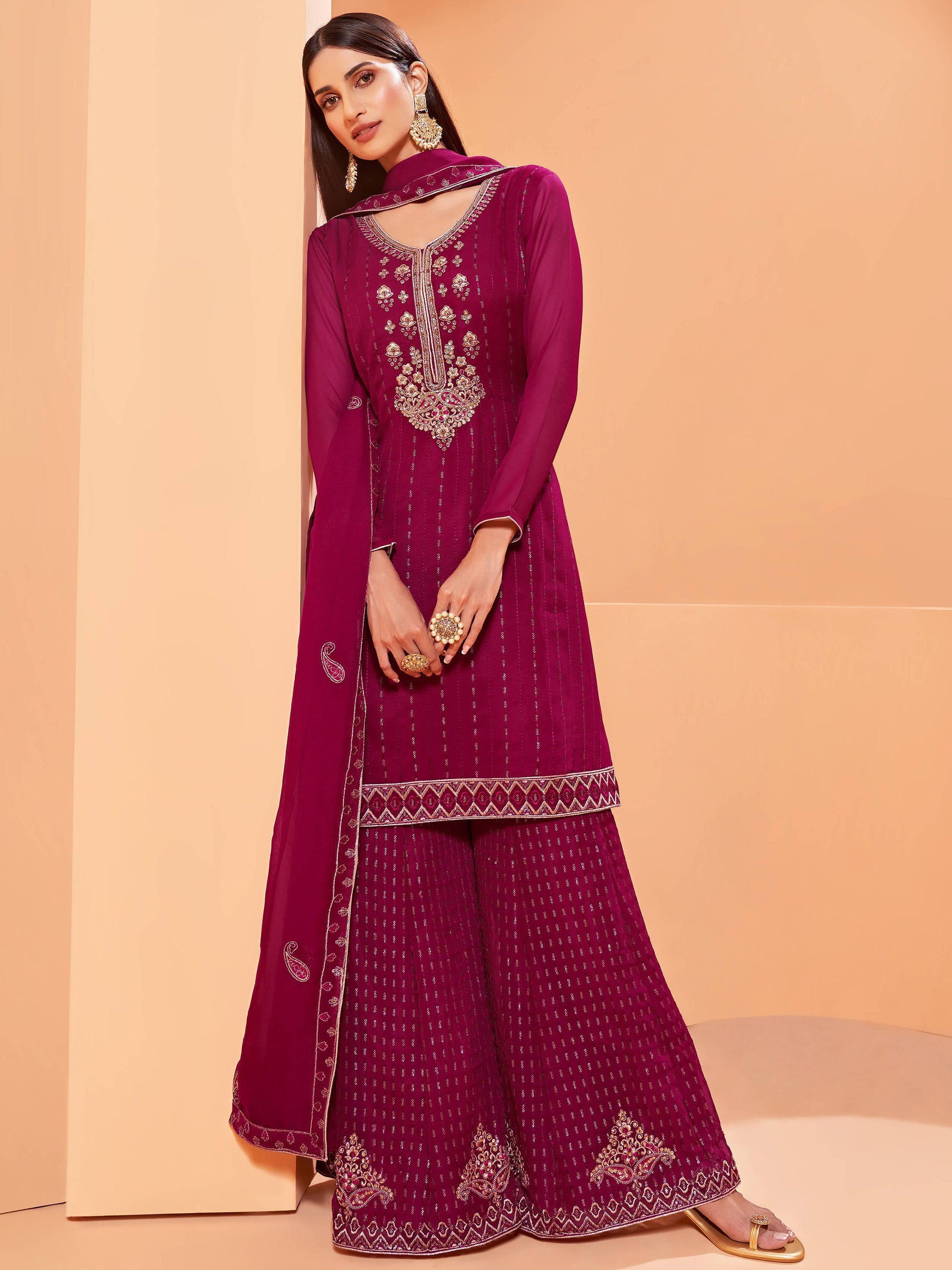 Alluring Magenta Sequins Work Georgette Festival Wear Sharara Suit with intricate embroidery and elegant design