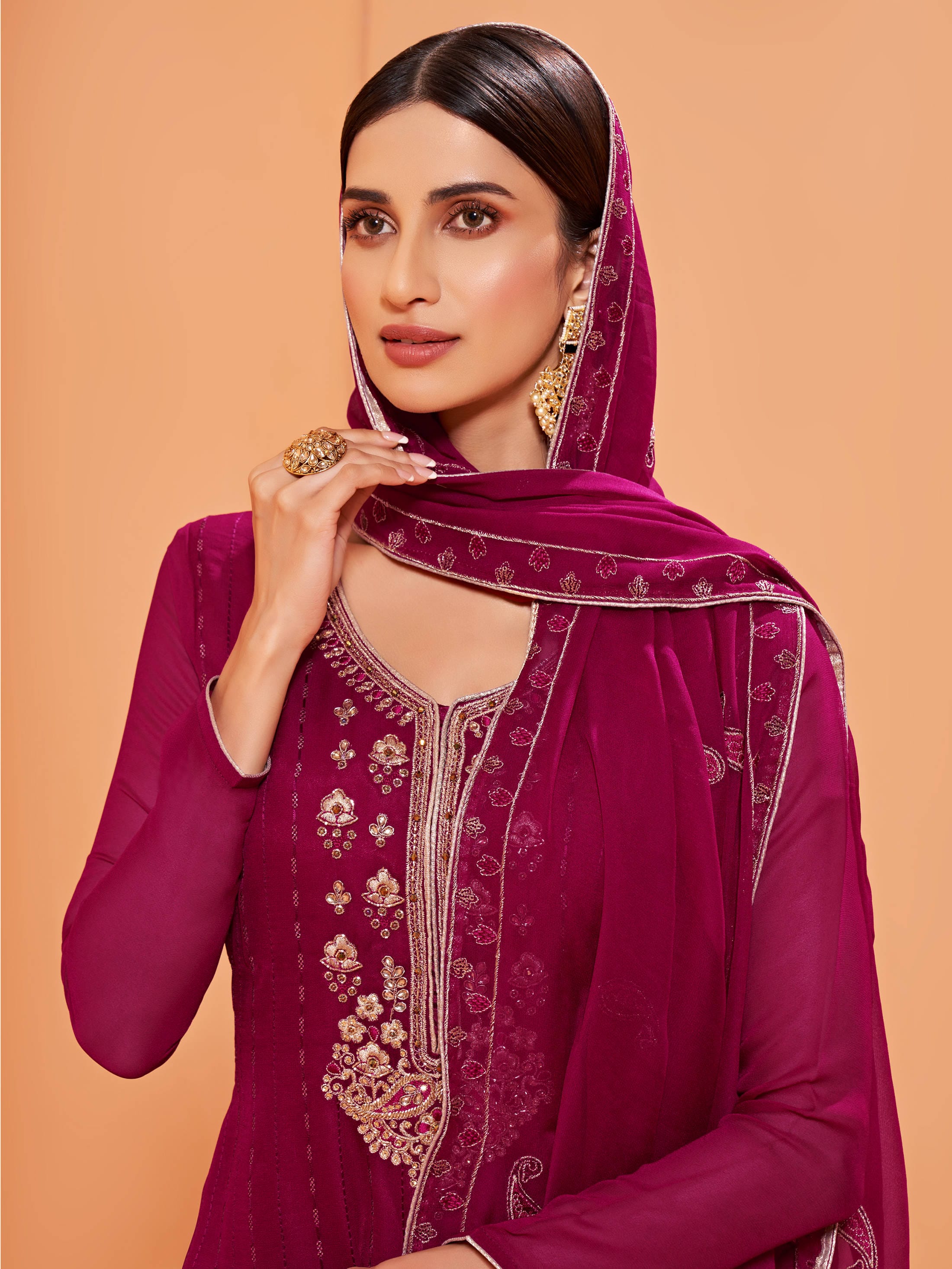 Alluring Magenta Sequins Work Georgette Festival Wear Sharara Suit - Front View With Dupatta