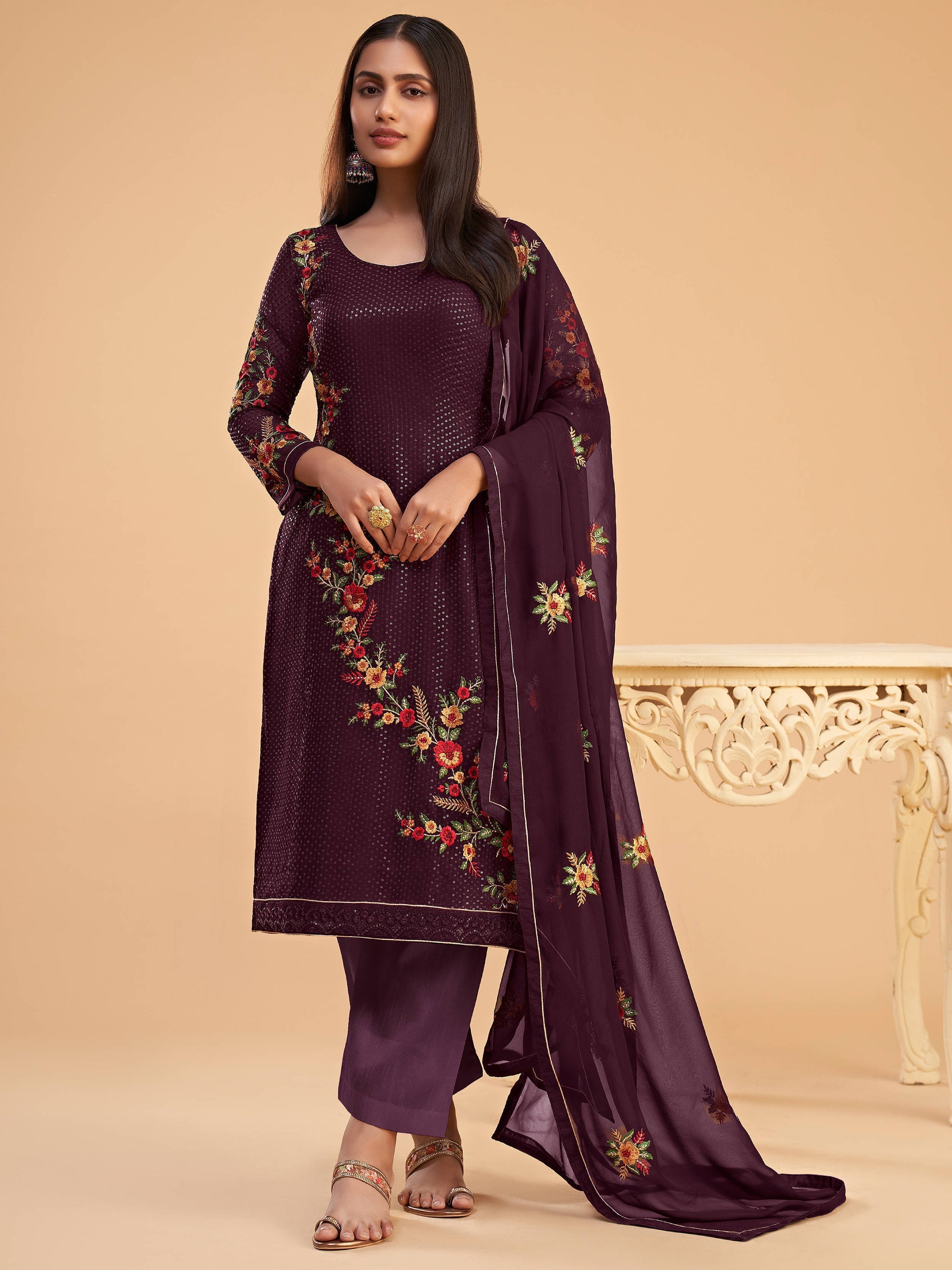 Superb Wine Thread Embroidered Georgette Salwar Suit with sequins, zari embroidery work, and santoon inner material