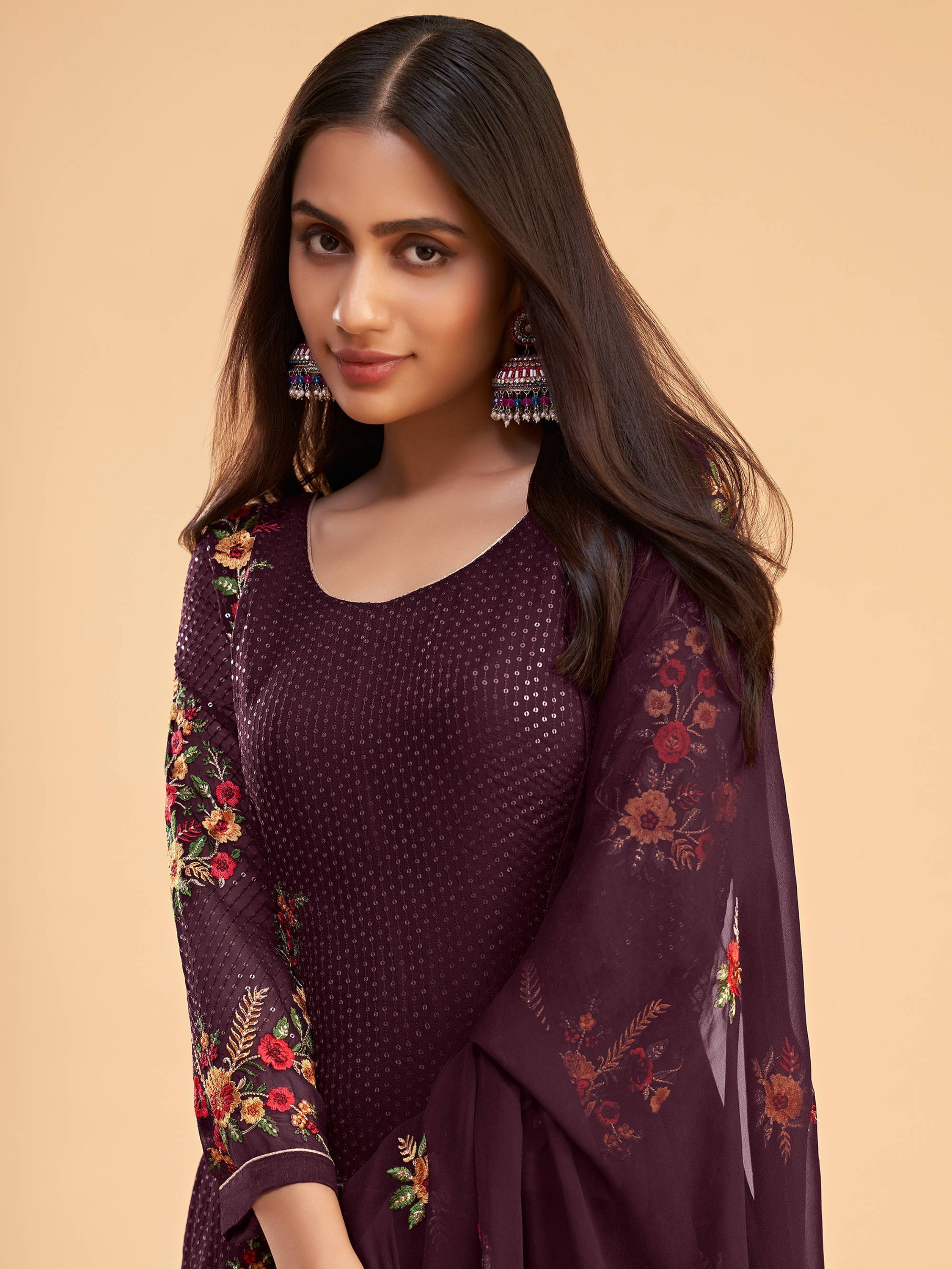 Attractive Wine color suit with georgette material and sequins, thread, zari embroidery work