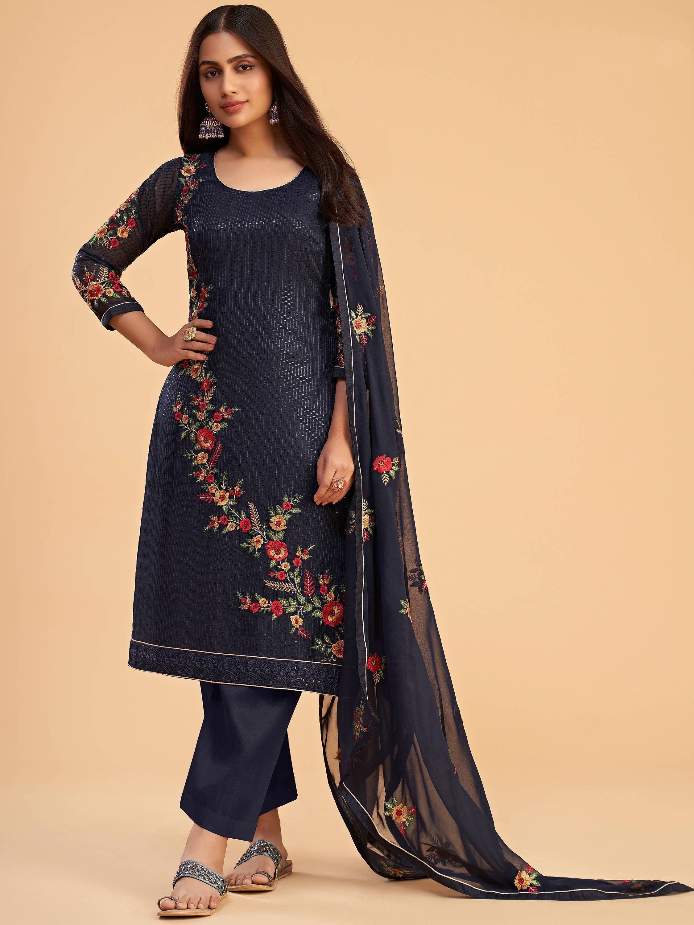 Blue georgette salwar suit with zari embroidery and sequins work