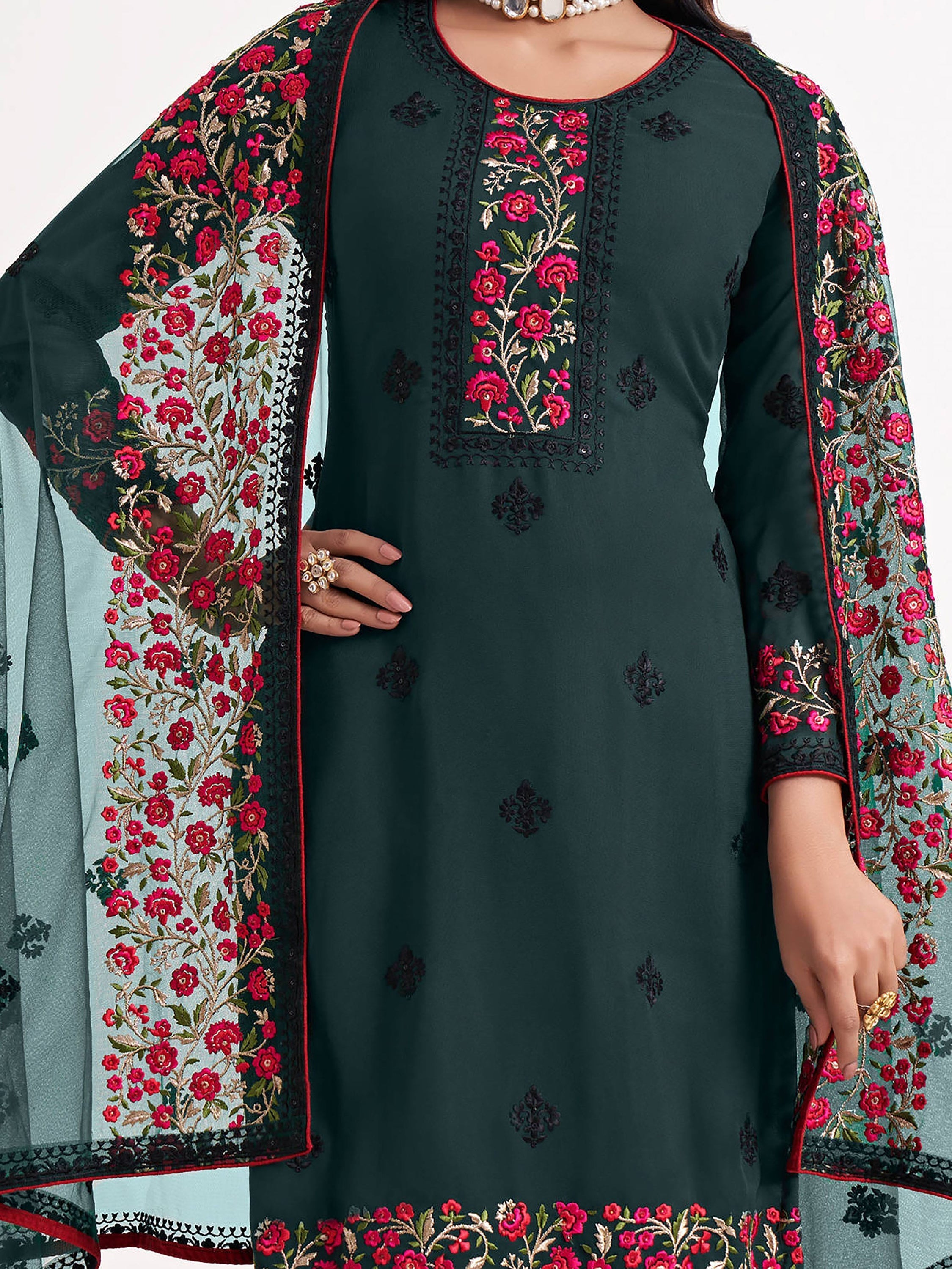 Semi-stitched green suit with customizable bust and length