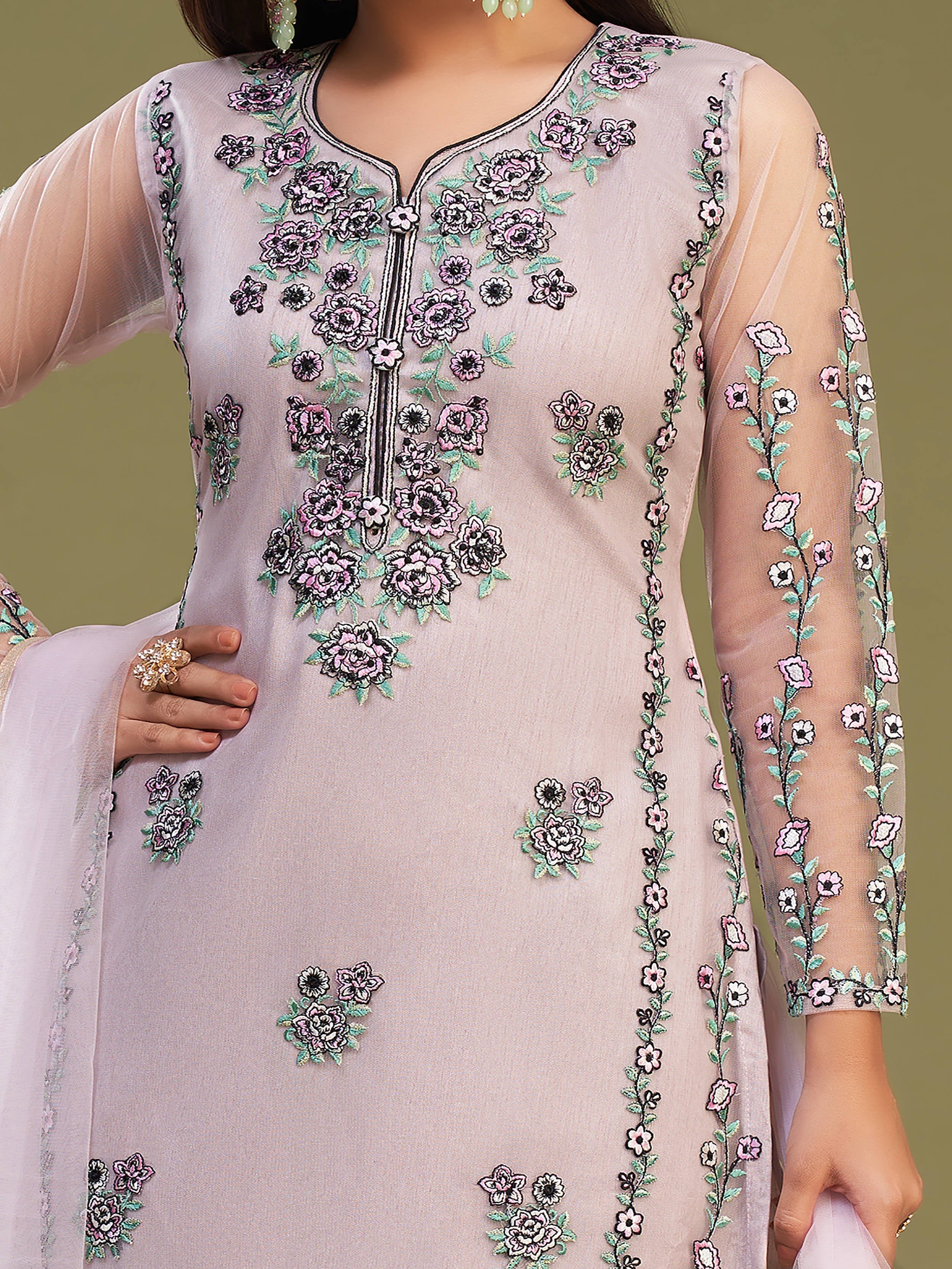 Attractive Pink Net Embroidered Designer Salwar Suit With Dupatta for Women