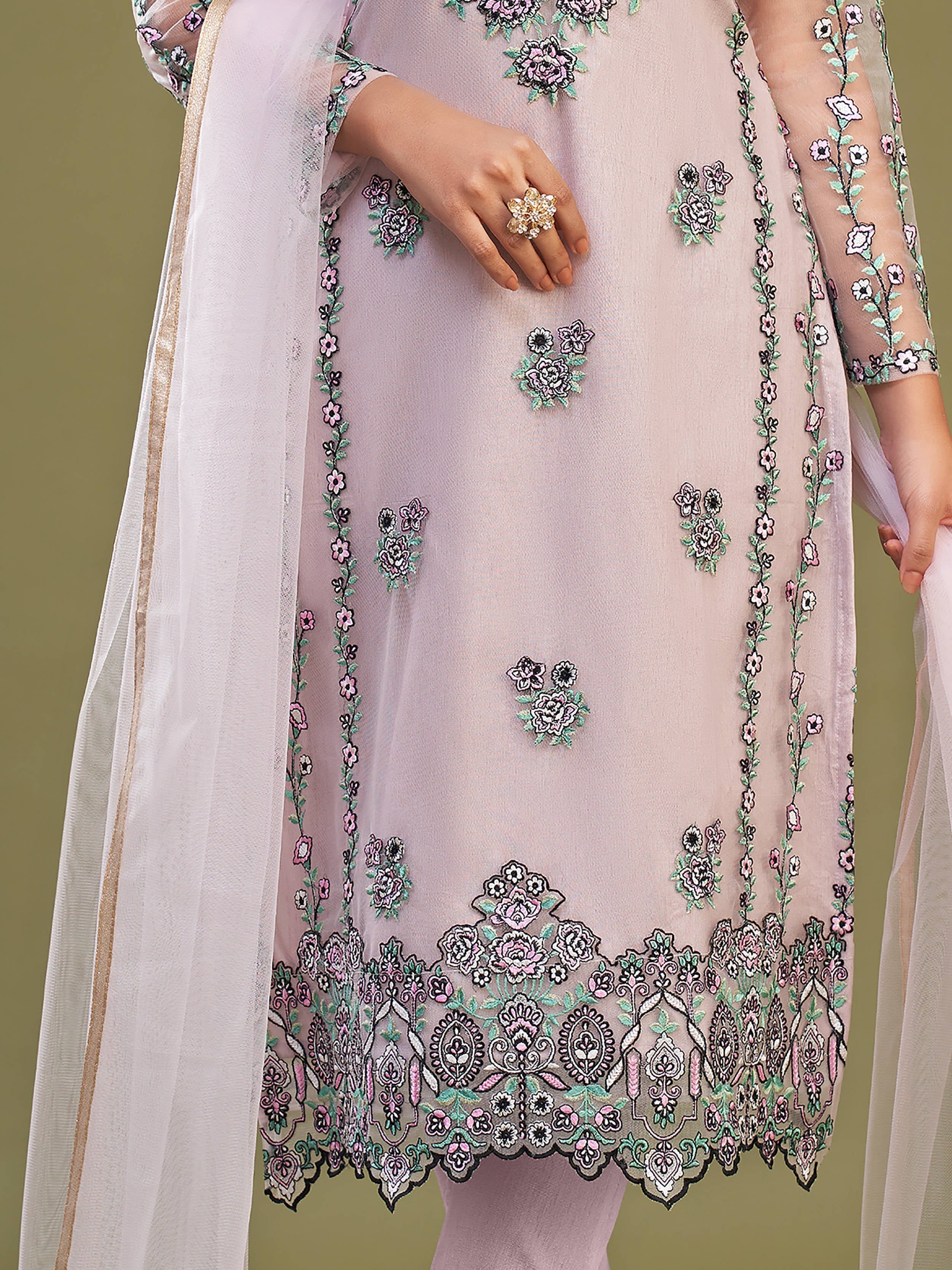 Attractive Pink Net Embroidered Designer Salwar Suit With Dupatta for women