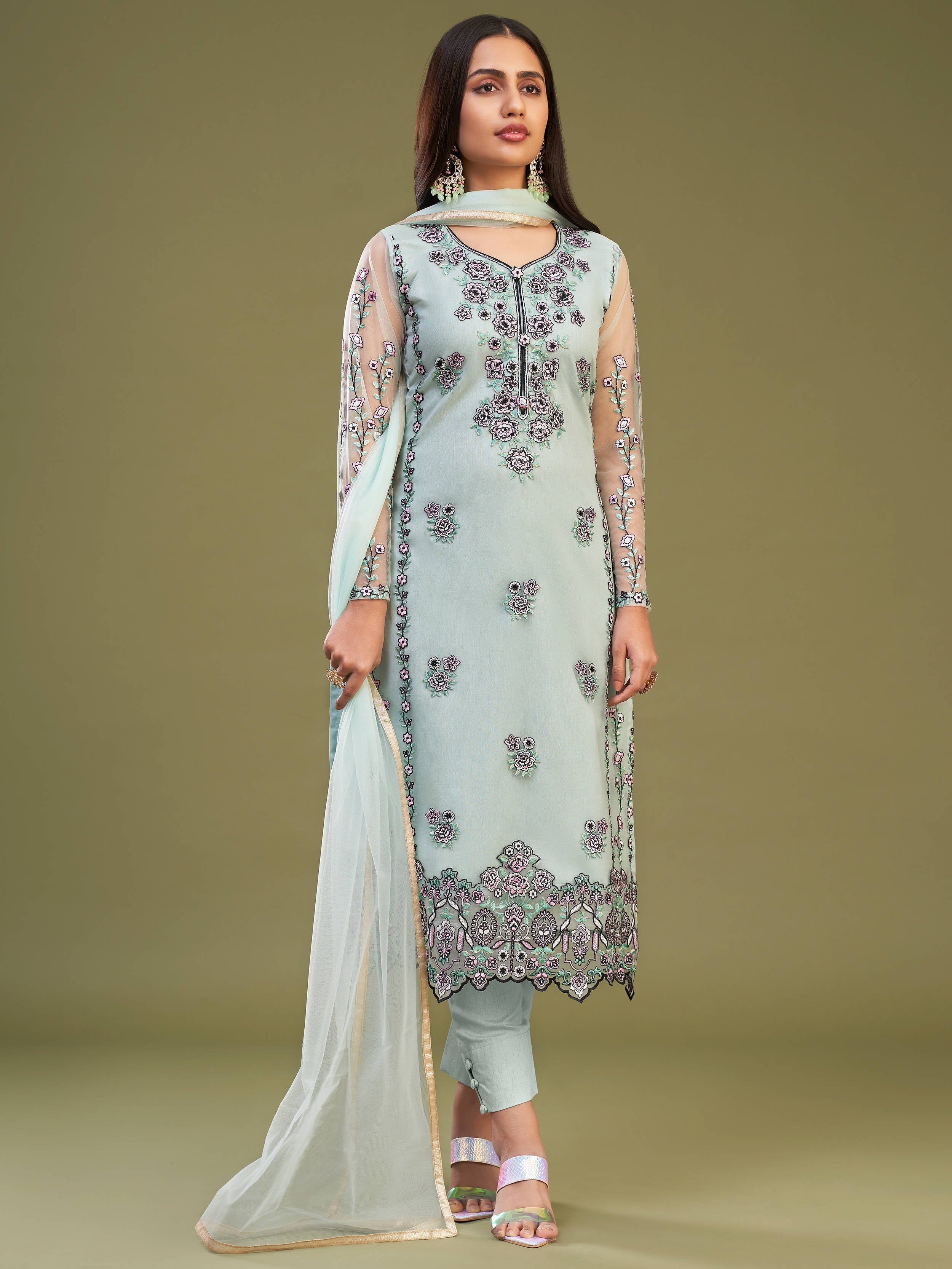 Firozi net embroidery salwar suit with matching net dupatta and intricate embroidery