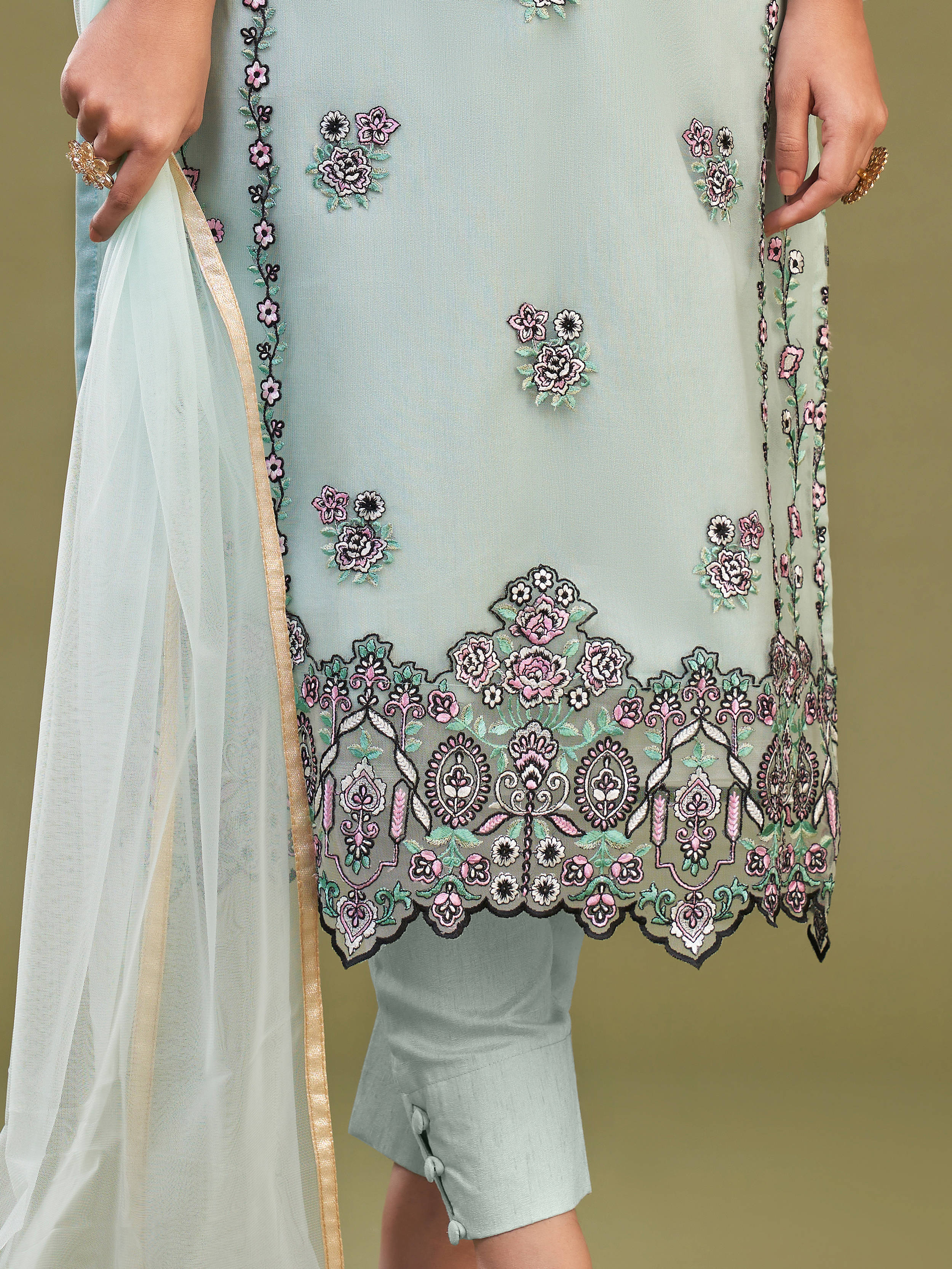 Stunning firozi net embroidered salwar suit with intricate embroidery and multi-thread work