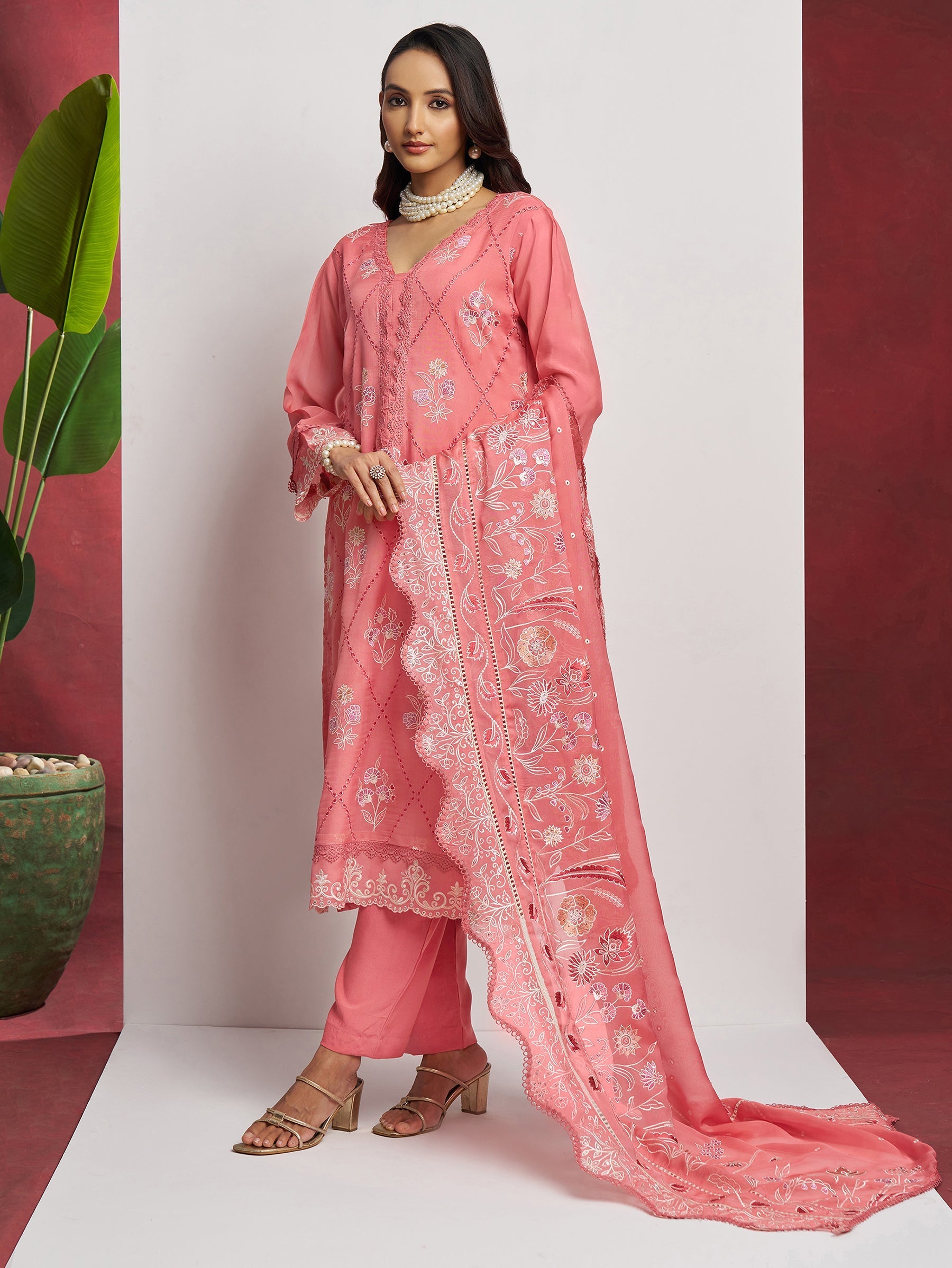 Lovely Peach Floral Embroidered Organza Festival Wear Pant Suit with Heavy Dupatta - Elegant festival wear pant suit with intricate floral embroidery and a stunning heavy dupatta