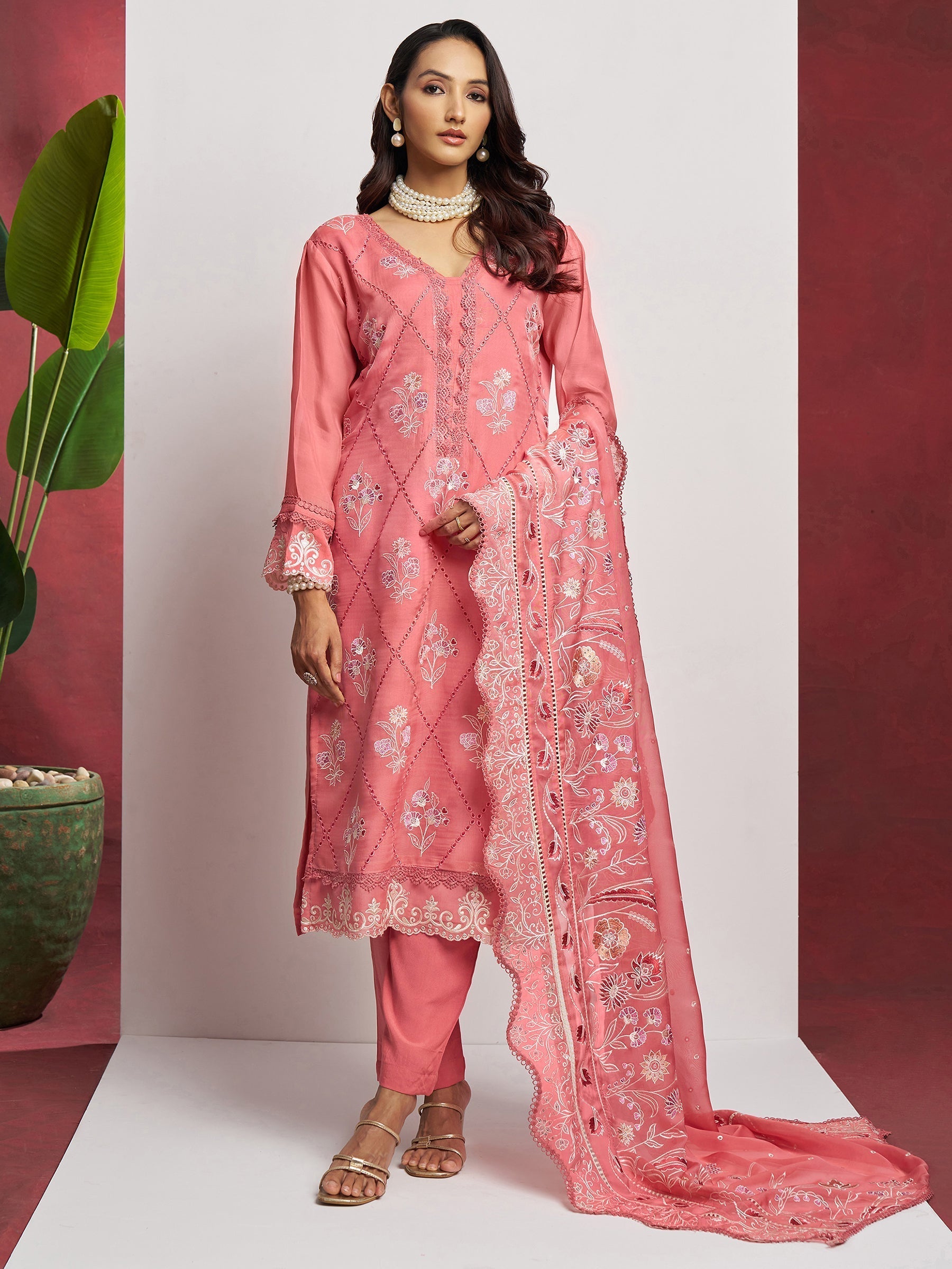 Lovely Peach Floral Embroidered Organza Festival Wear Pant Suit with Heavy Dupatta for Women