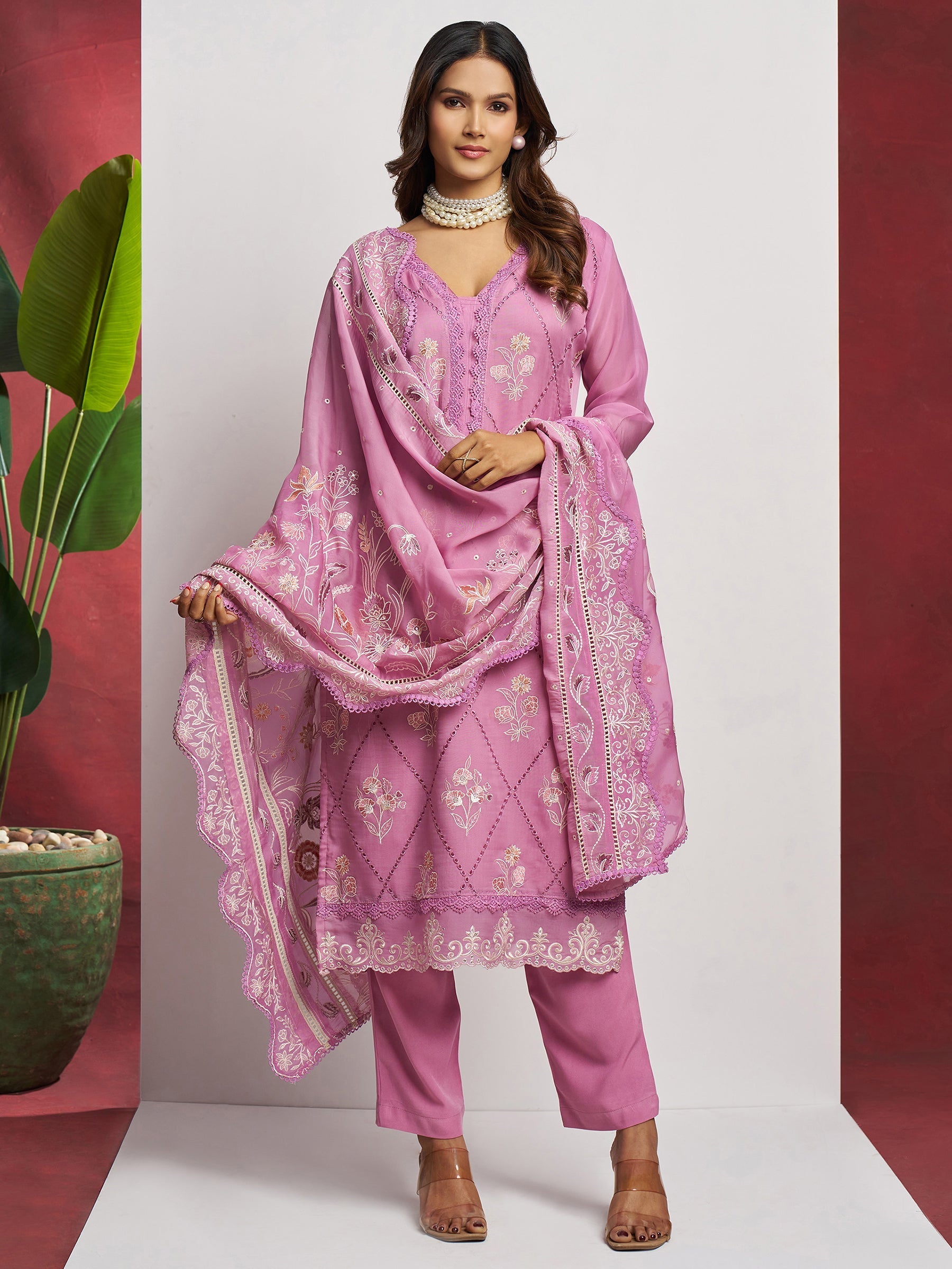Attractive Pink Floral Embroidered Organza Eid Special Pant Suit