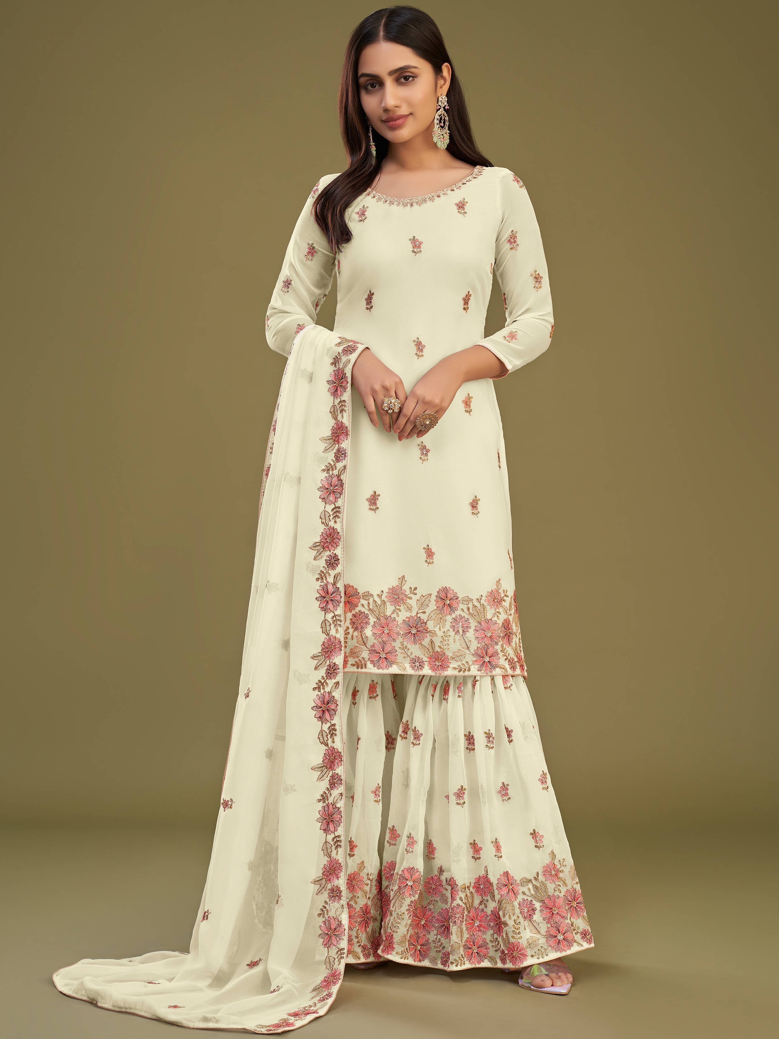 Beautiful lemon yellow georgette party wear sharara suit with multi-thread embroidery and sequin work