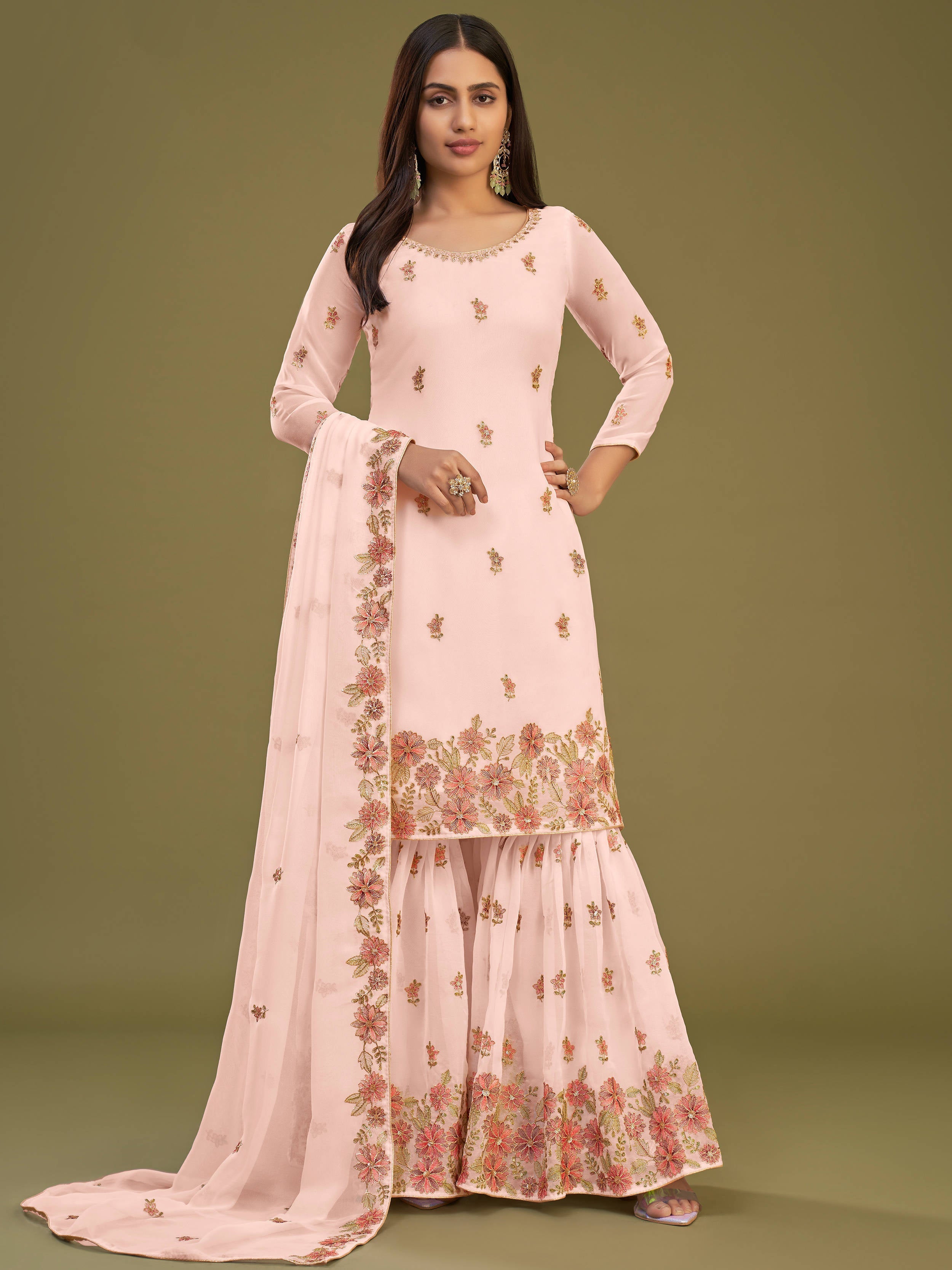 Peach georgette sharara suit with multi-thread embroidered work and sequin embellishments