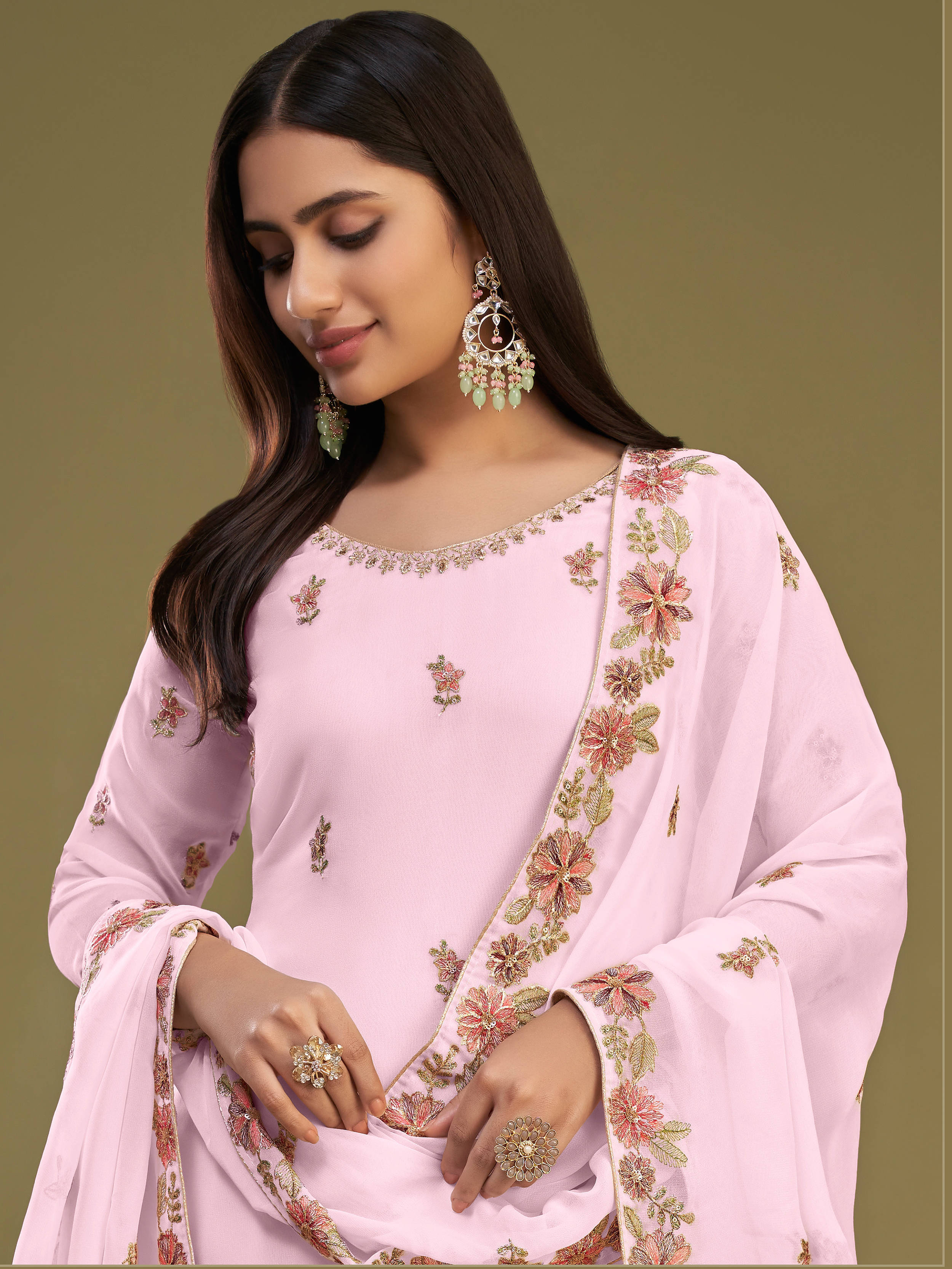 Alluring Pink Embroidered Georgette Party Wear Sharara Suits for Women