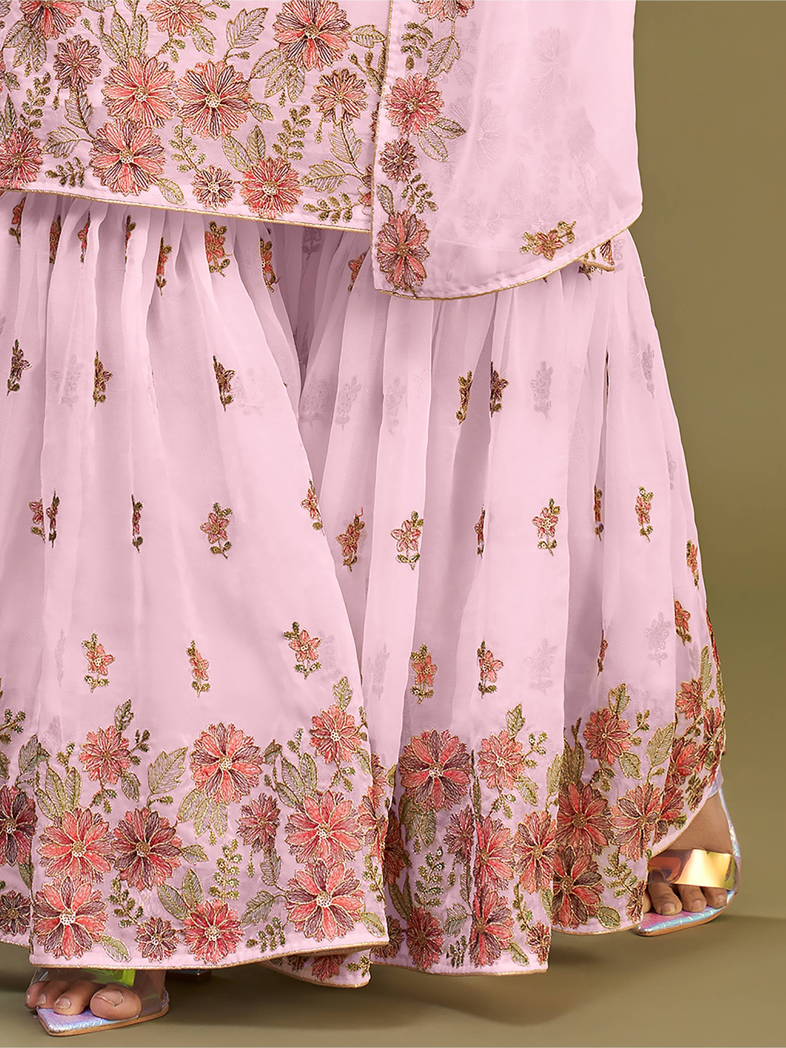 Alluring Pink Embroidered Georgette Sharara Suit with Intricate Floral Designs