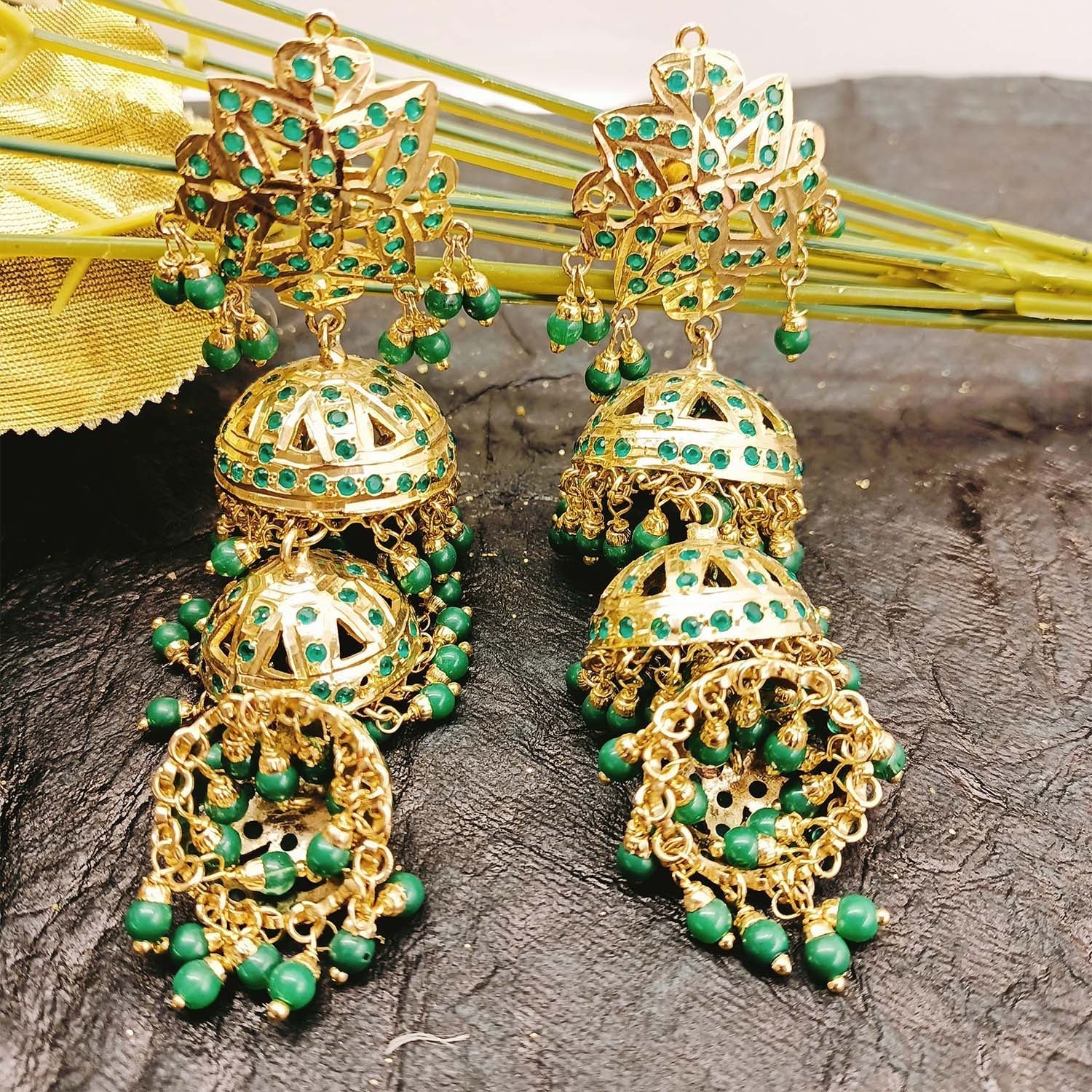 Arya Gold Plated Jadau Green Jhumki - qivii