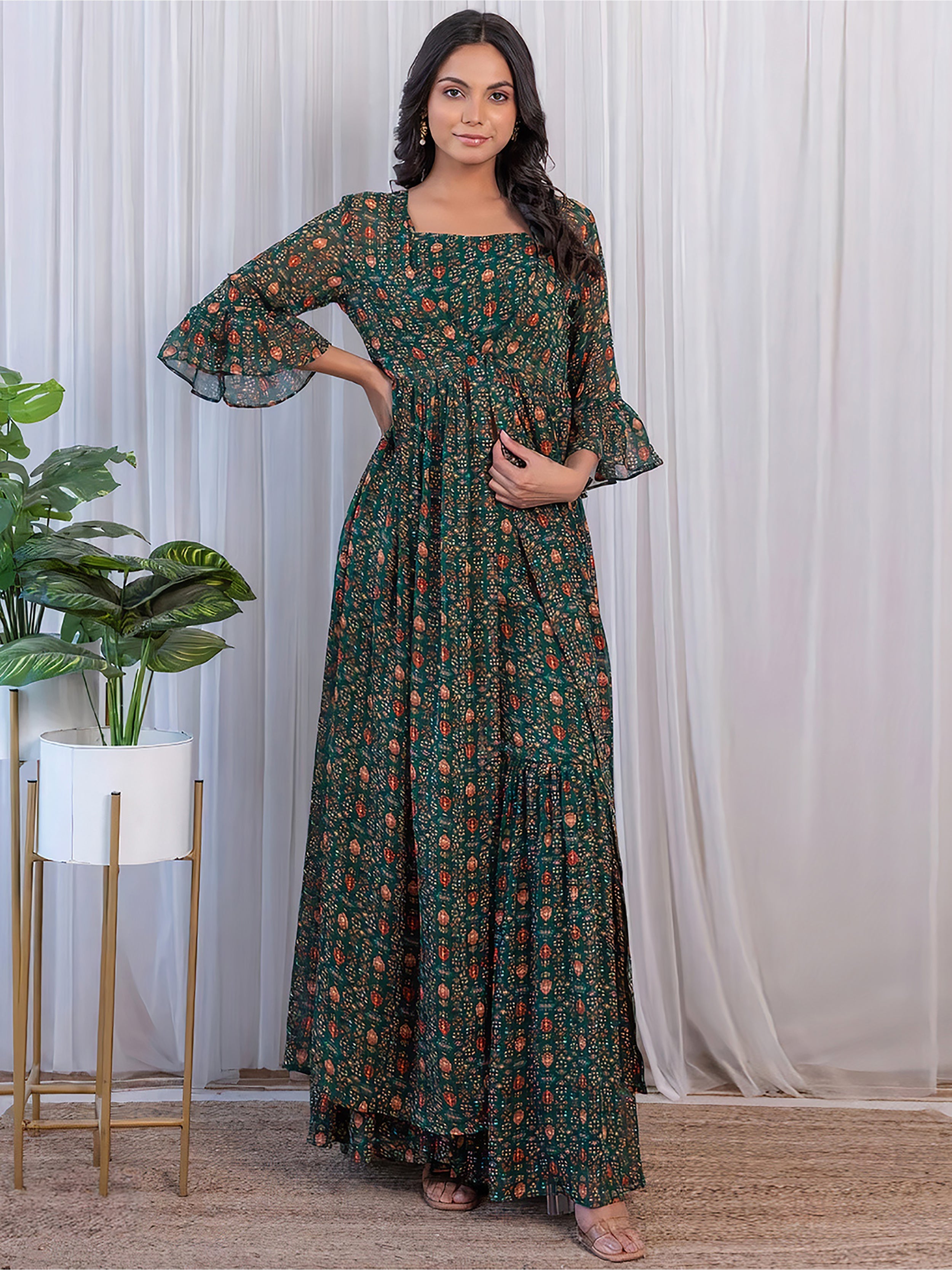 fabulous green digital printed georgette sharara suit with jacket