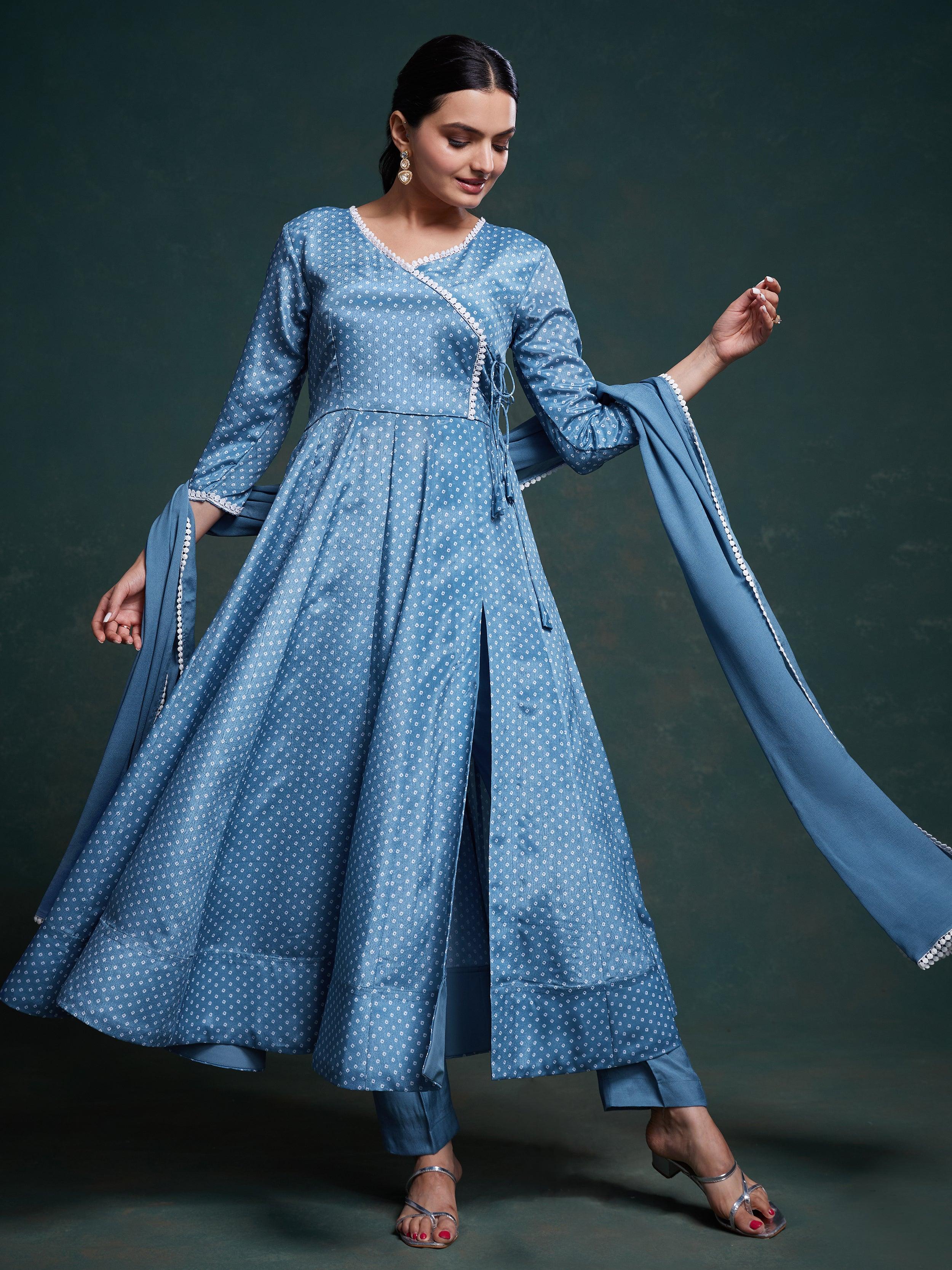 Beautifully adorned dusty blue suit with silk pant and georgette dupatta