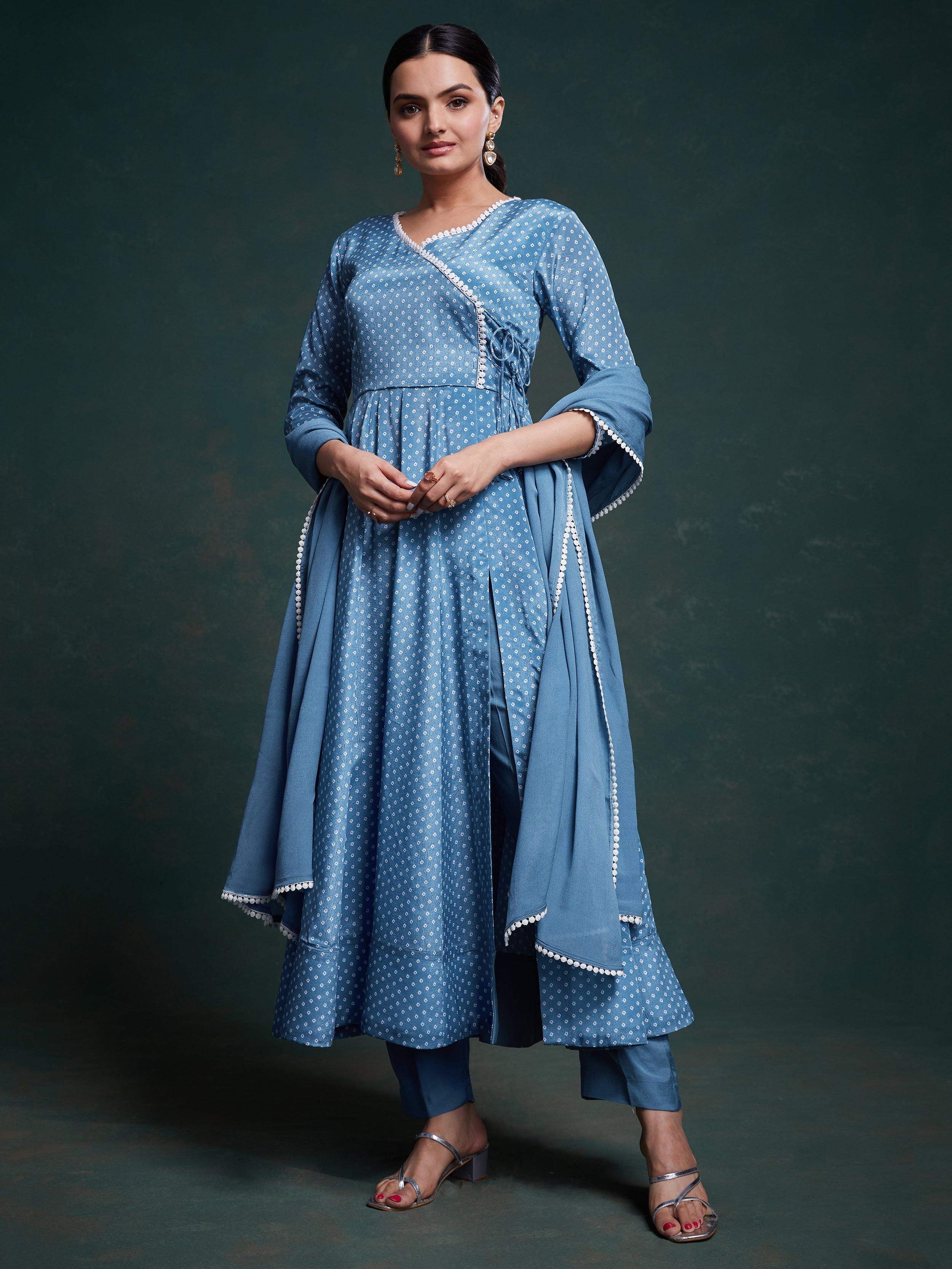 Delightful dusty blue chinon salwar suit with intricate print and lace detailing