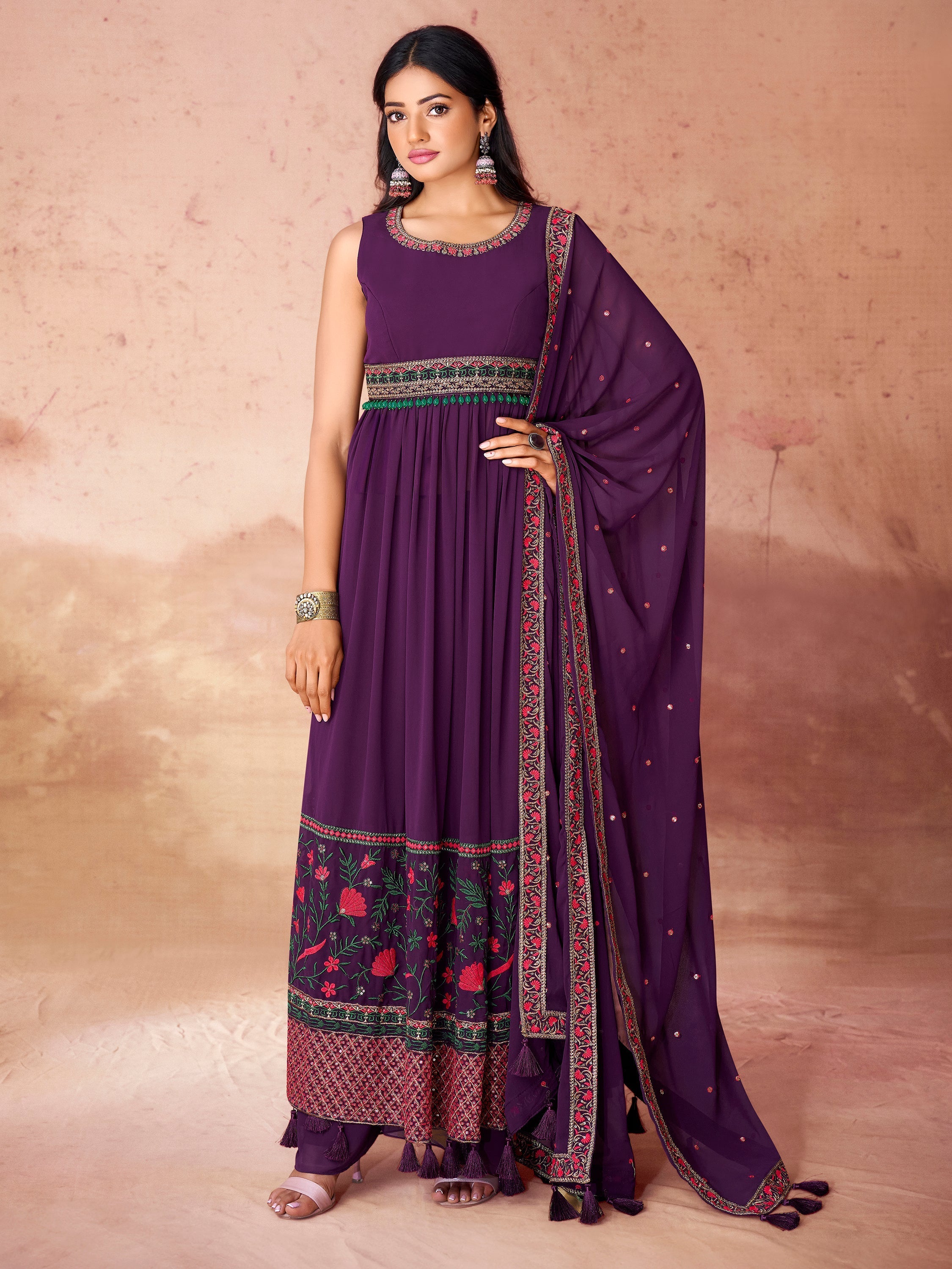 Incredible Purple Embroidered Georgette Festival Wear Palazzo Suit with intricate sequin and thread embroidery on luxurious purple georgette fabric