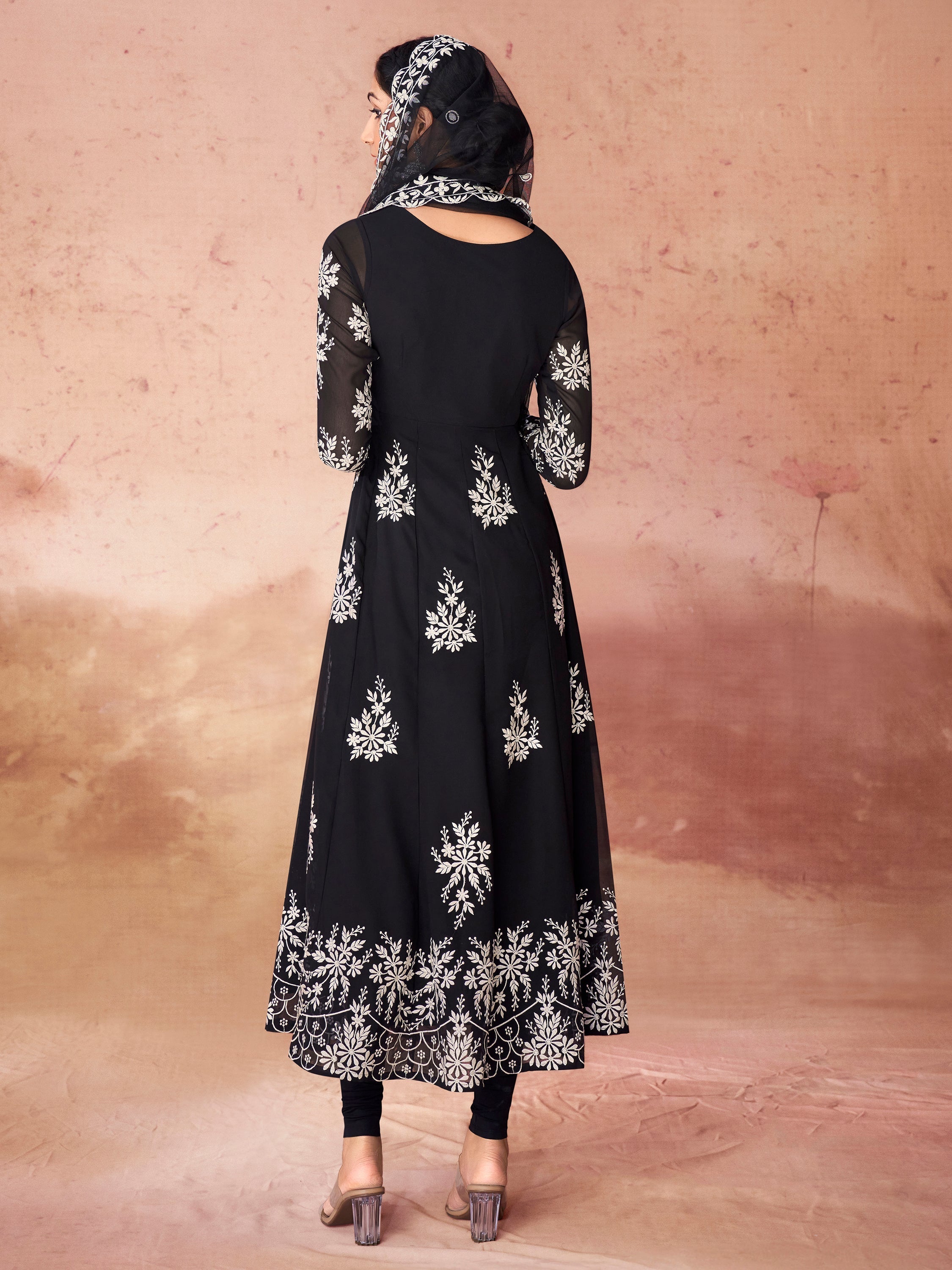 Fabulous Black Embroidered Georgette Event Wear Salwar Kameez with intricate floral designs and elegant detailing