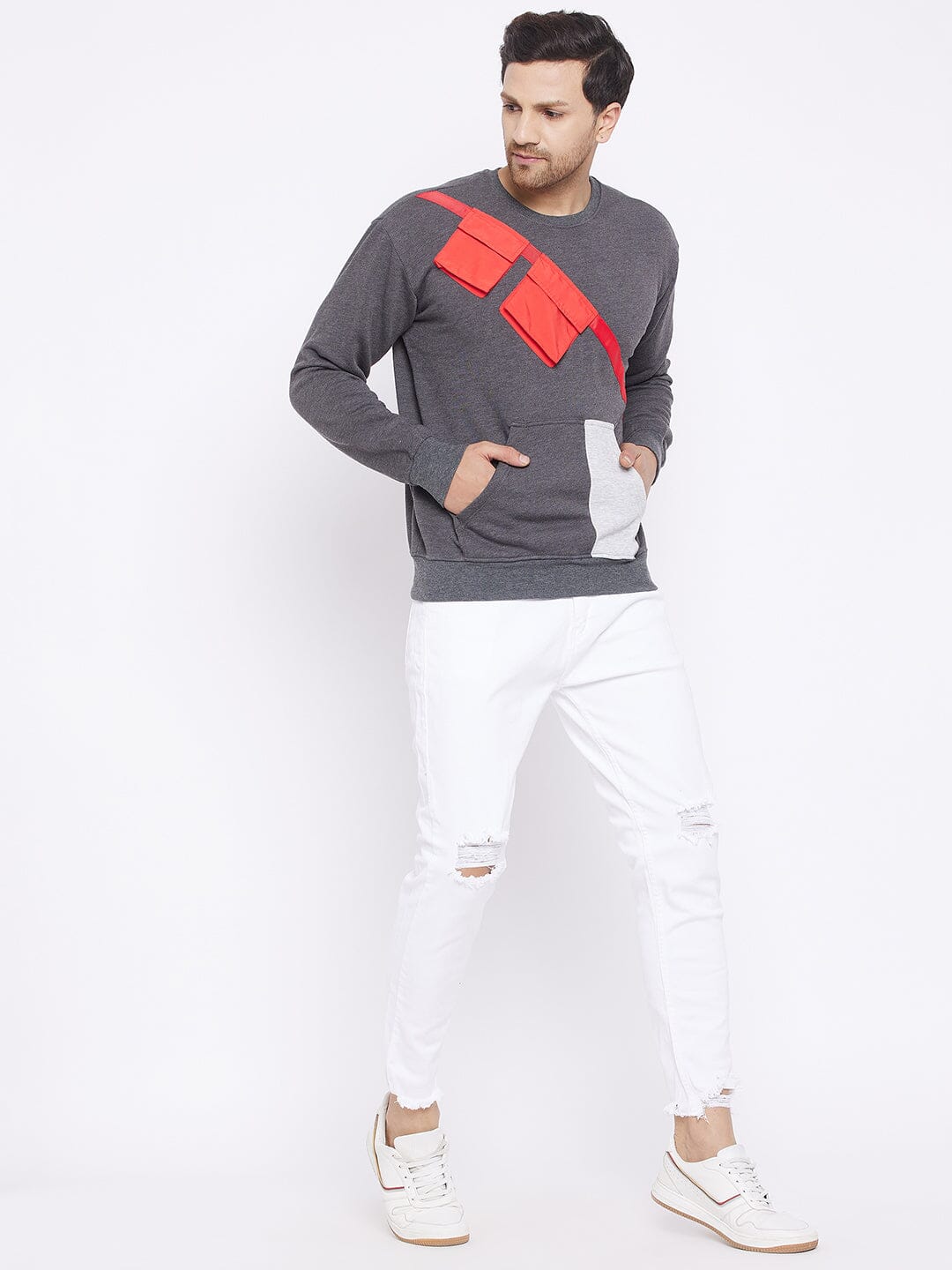 Charcoal Contrast Patch Pocket Sweatshirt
