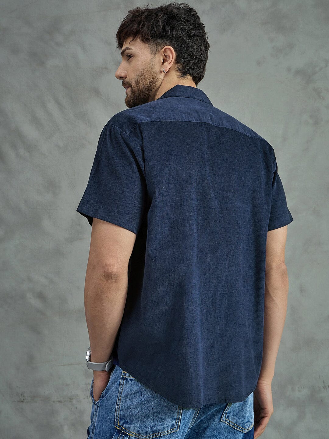 Navy Floral Applique Corduroy Shirt