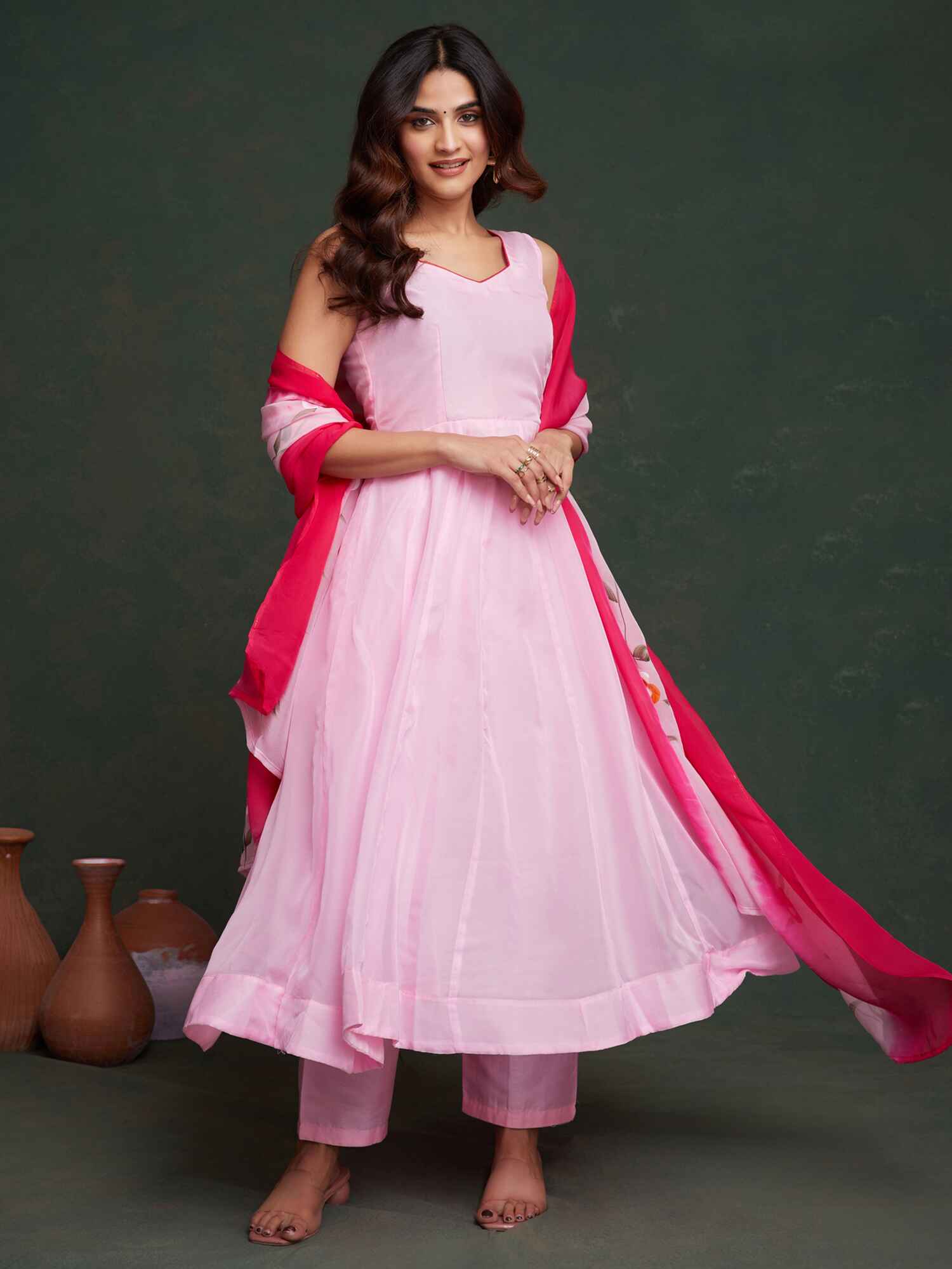 Fabulous Pink Organza Anarkali Suit With Dupatta for Special Events