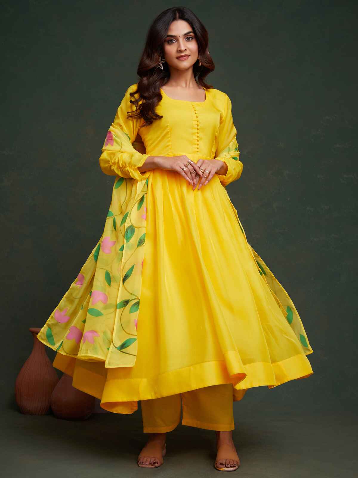 Beautiful yellow organza Haldi wear Anarkali suit with matching dupatta