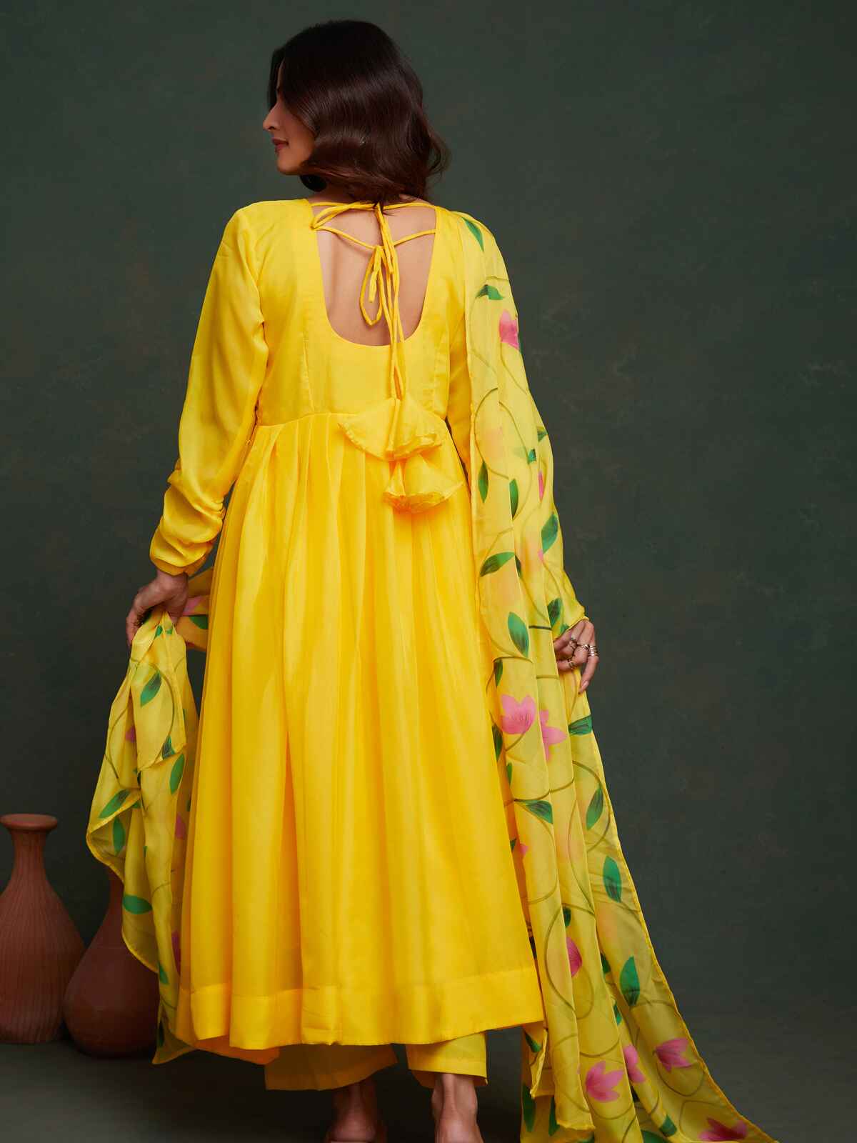 Beautiful yellow organza haldi wear anarkali suit with dupatta for women