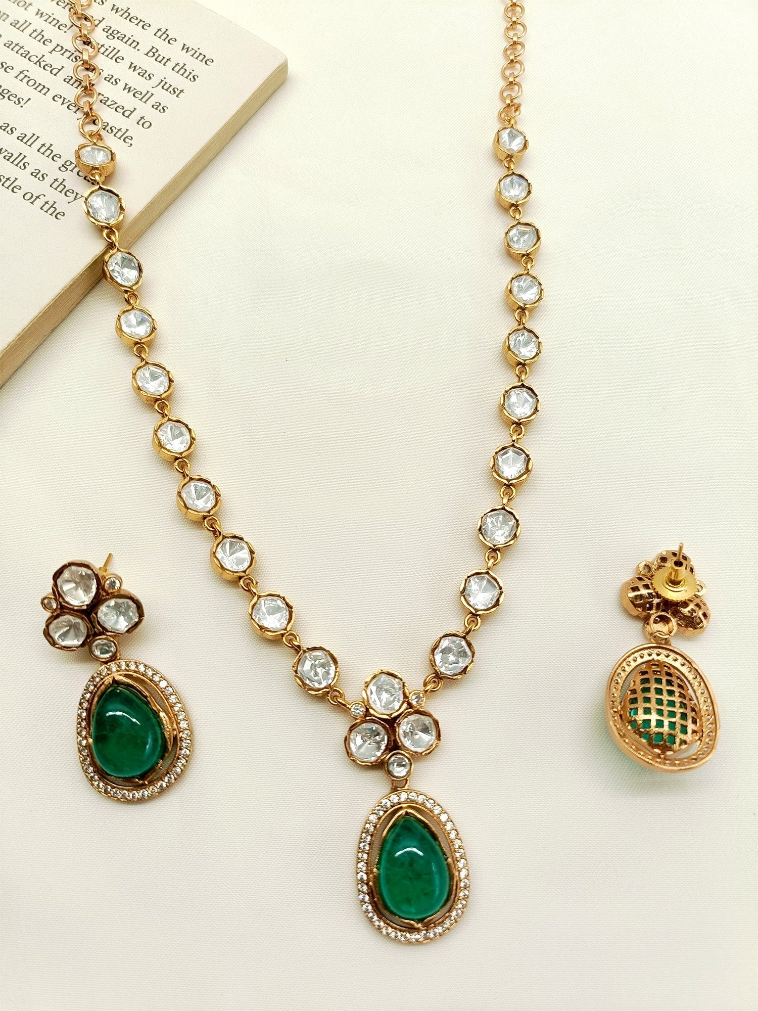 Exquisite Chaya Emerald Kundan Necklace Set with intricate traditional Indian design