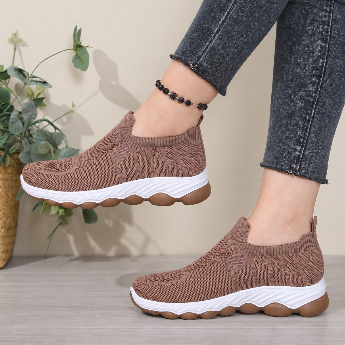 Women's Bootara Avenleigh knit slip-on sneakers in brown with breathable mesh and round toe for casual comfort.